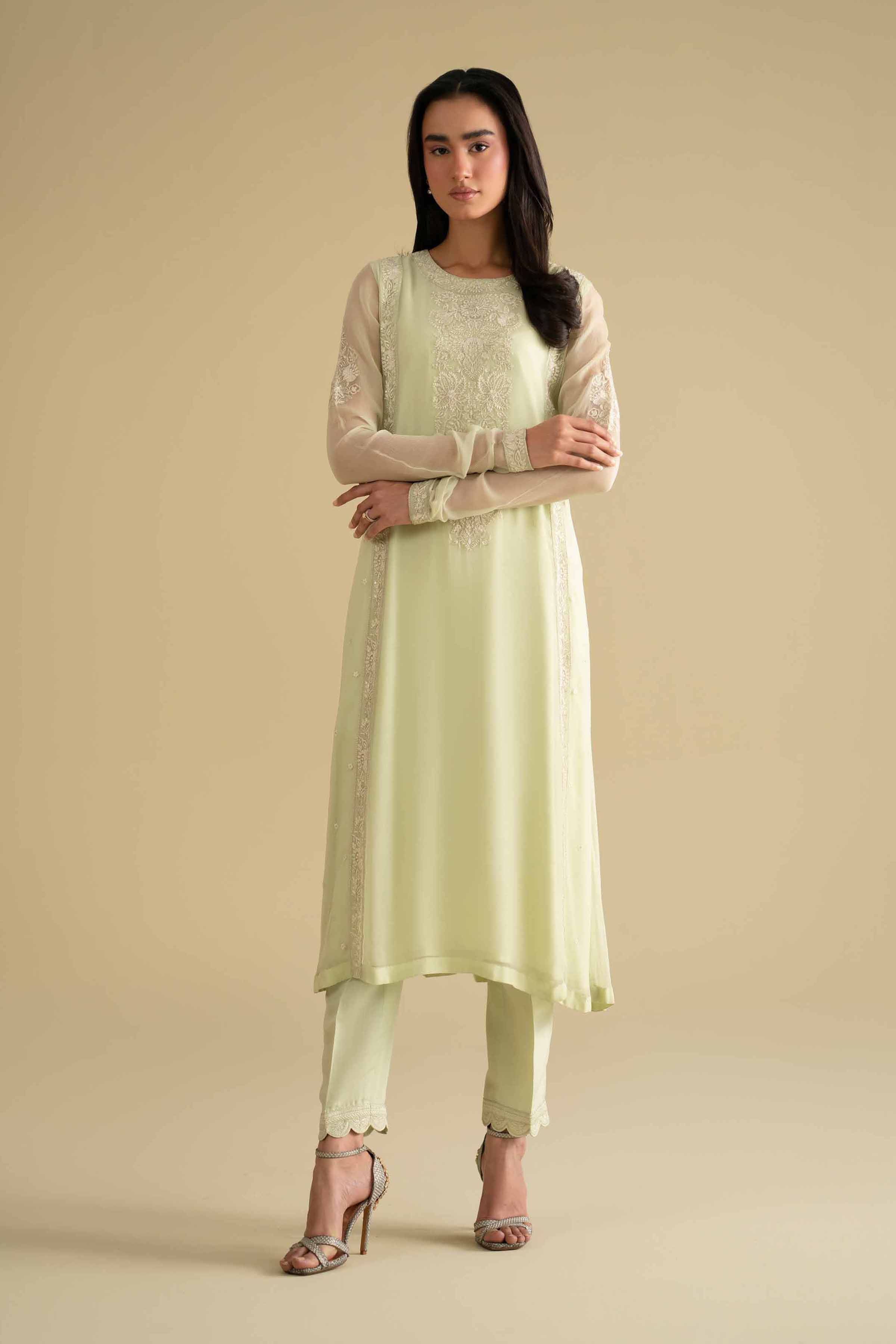 2 Piece - Embroidered Suit - KFE26-60 Green Chiffon 2PC Embroidered