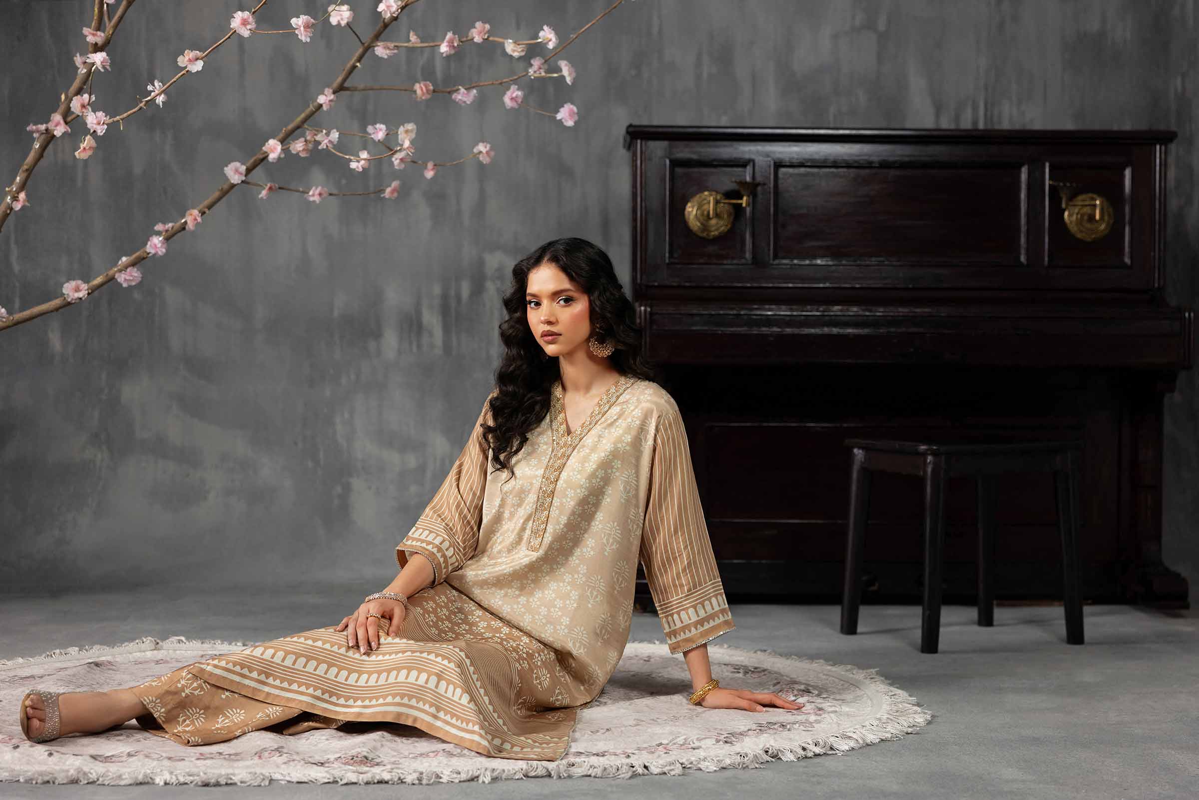 2 Piece - Printed Embroidered Suit - KFE26-62 Brown Silk 2PC Embroidered READY TO WEAR