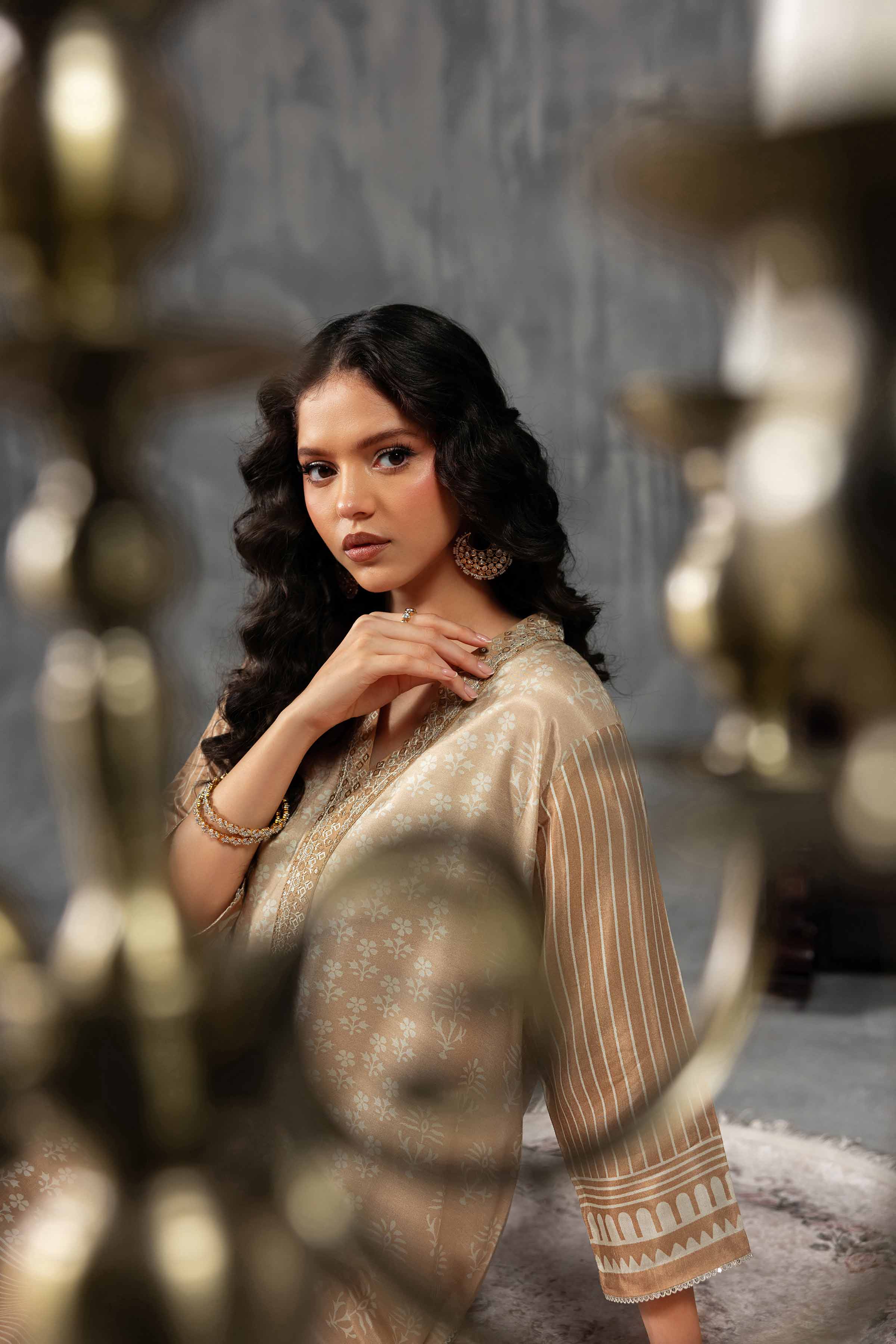 2 Piece - Printed Embroidered Suit - KFE26-62 Brown Silk 2PC Embroidered READY TO WEAR