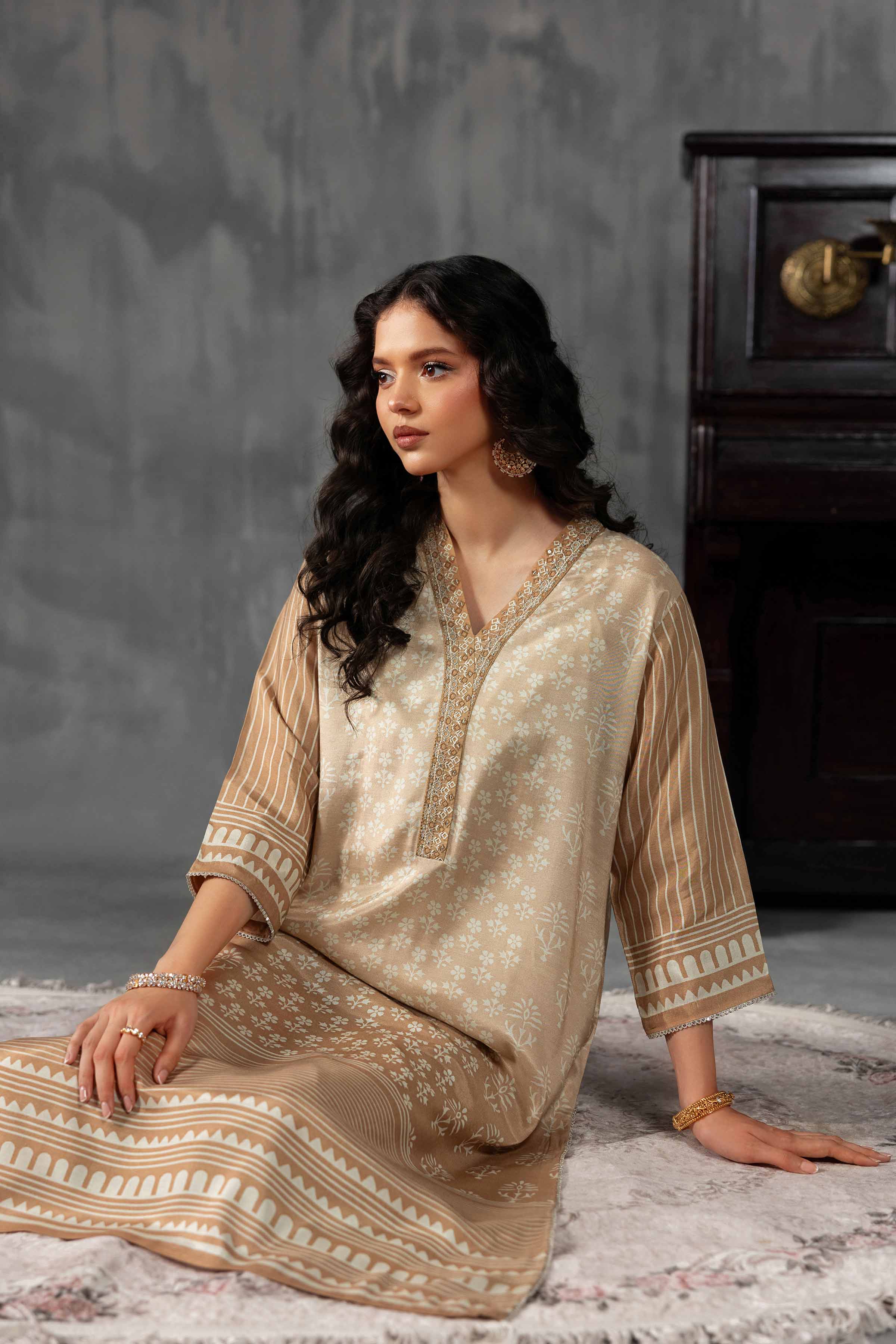 2 Piece - Printed Embroidered Suit - KFE26-62 Brown Silk 2PC Embroidered READY TO WEAR