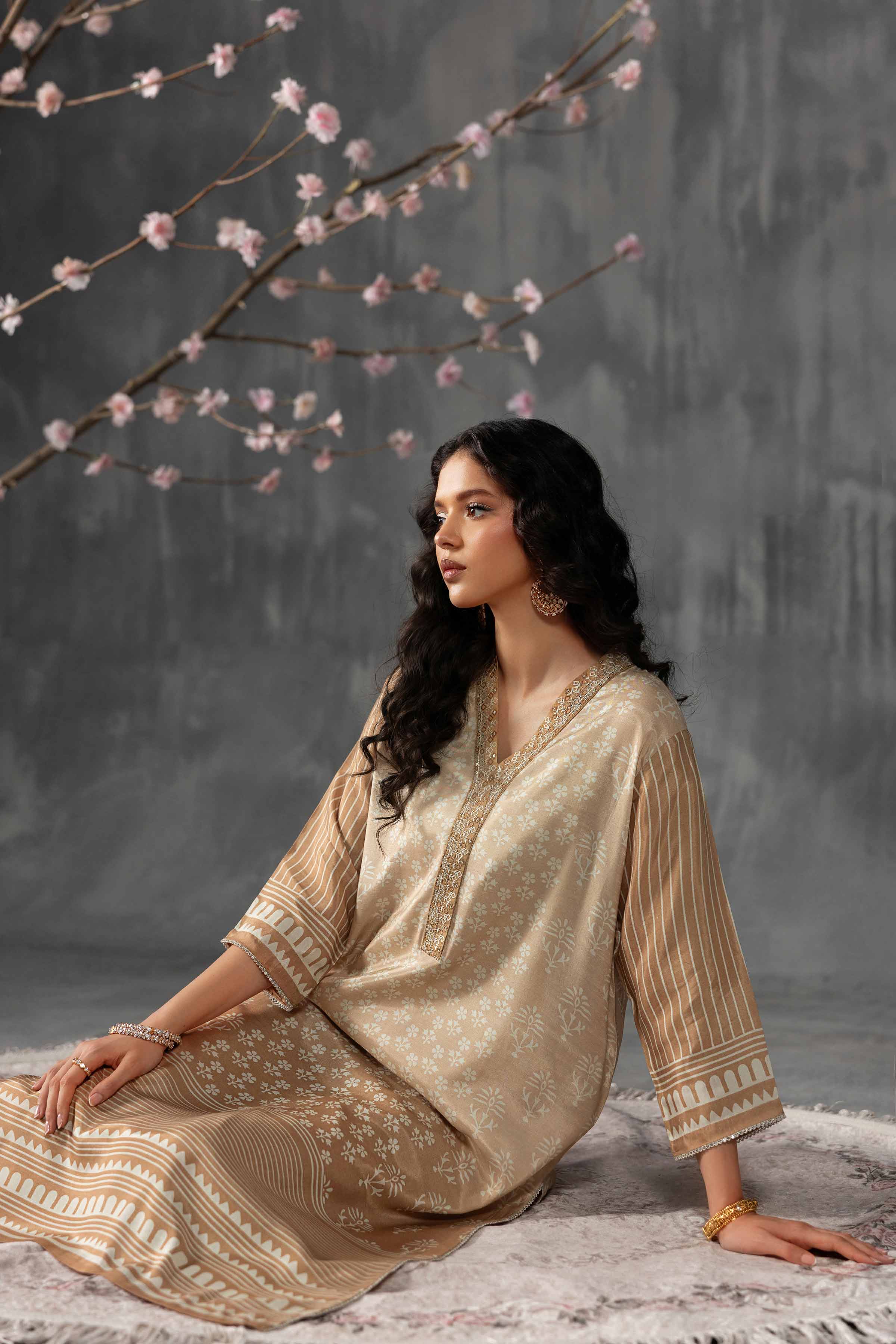 2 Piece - Printed Embroidered Suit - KFE26-62 Brown Silk 2PC Embroidered READY TO WEAR