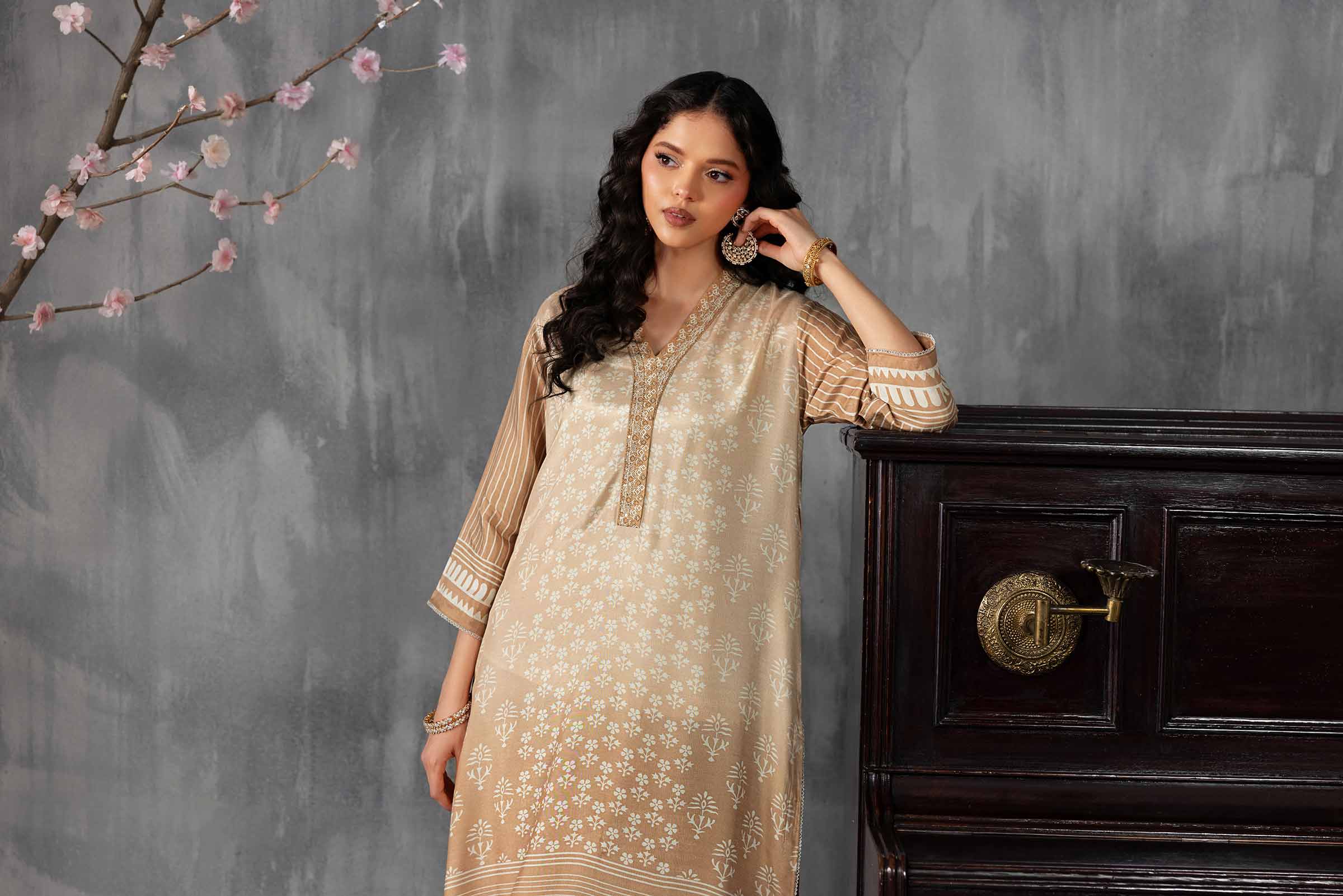 2 Piece - Printed Embroidered Suit - KFE26-62 Brown Silk 2PC Embroidered READY TO WEAR