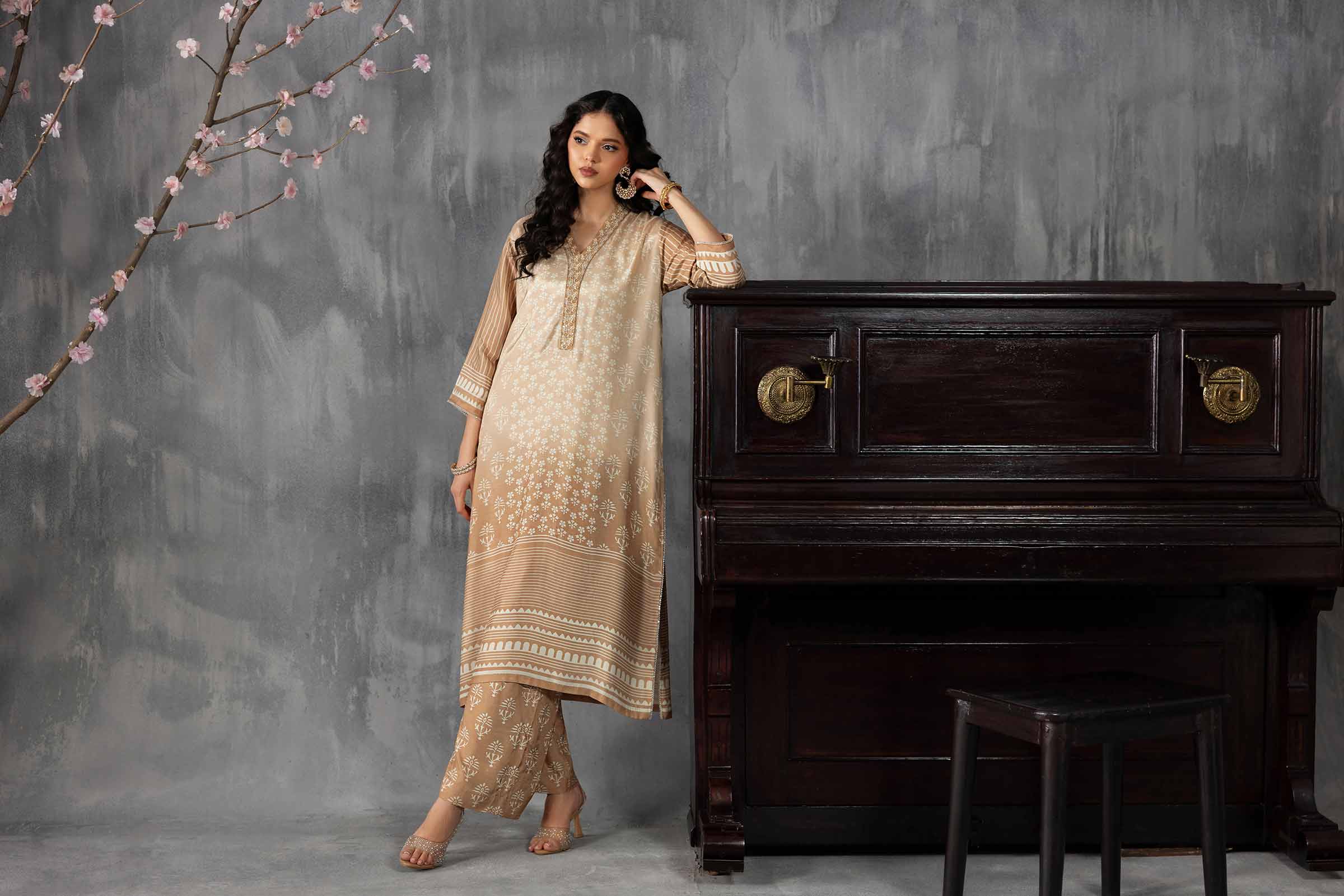 2 Piece - Printed Embroidered Suit - KFE26-62 Brown Silk 2PC Embroidered READY TO WEAR