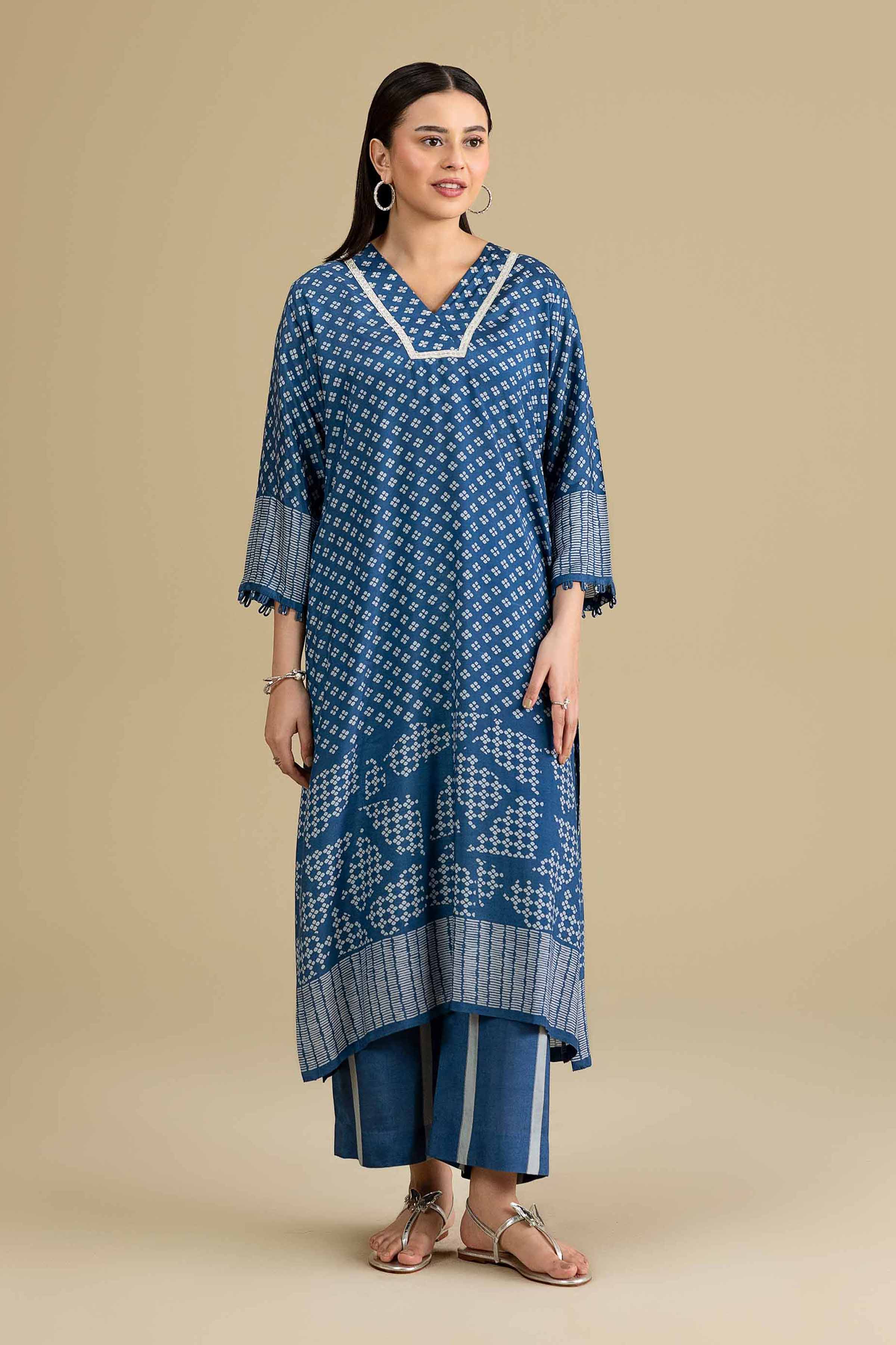 2 Piece - Printed Suit - KFE26-65 Blue Silk 2PC Printed READY TO WEAR