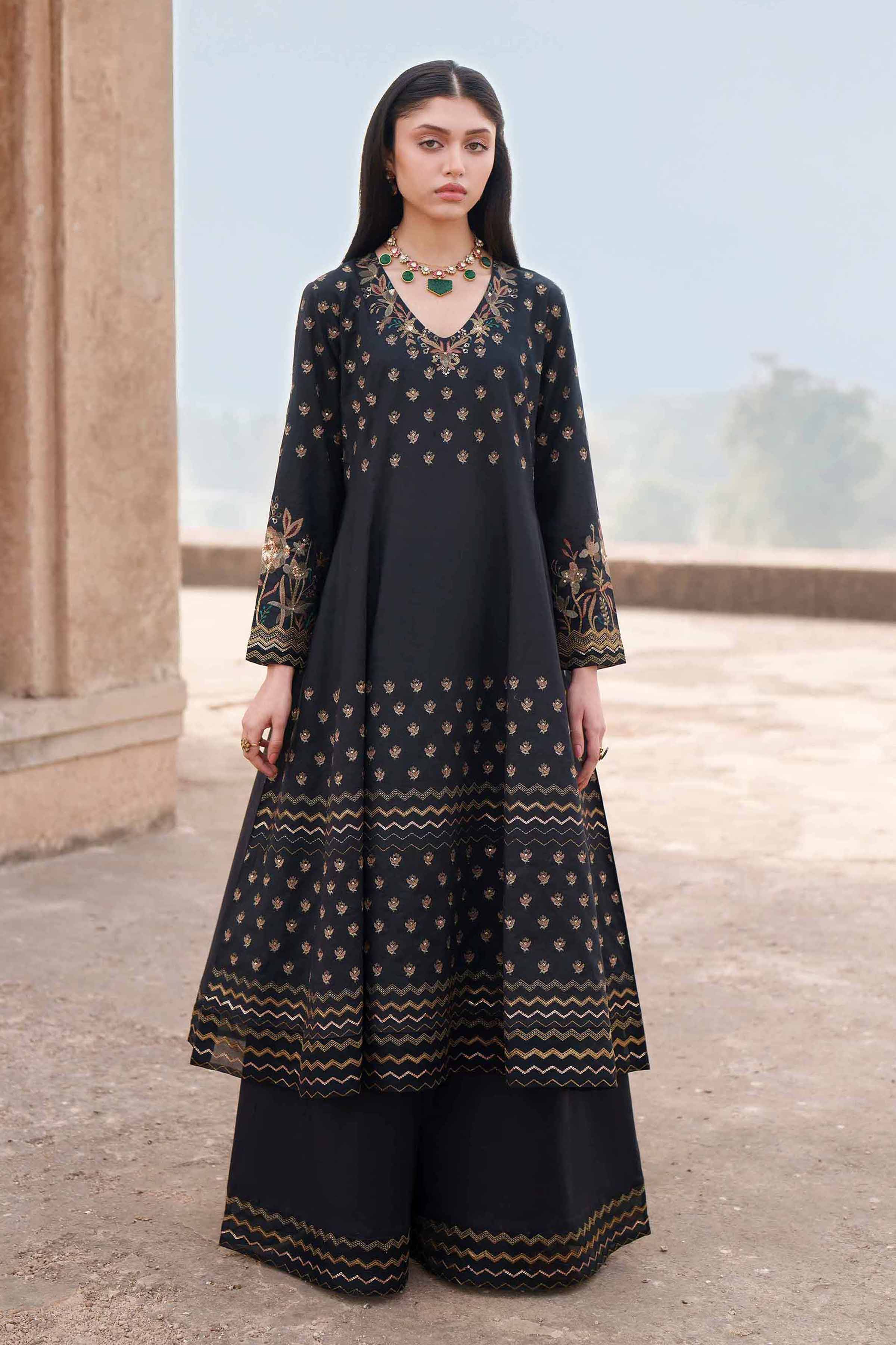 2 Piece - Embroidered Suit - KFE26-67 Black Cambric 2PC Embroidered READY TO WEAR - LUXURY