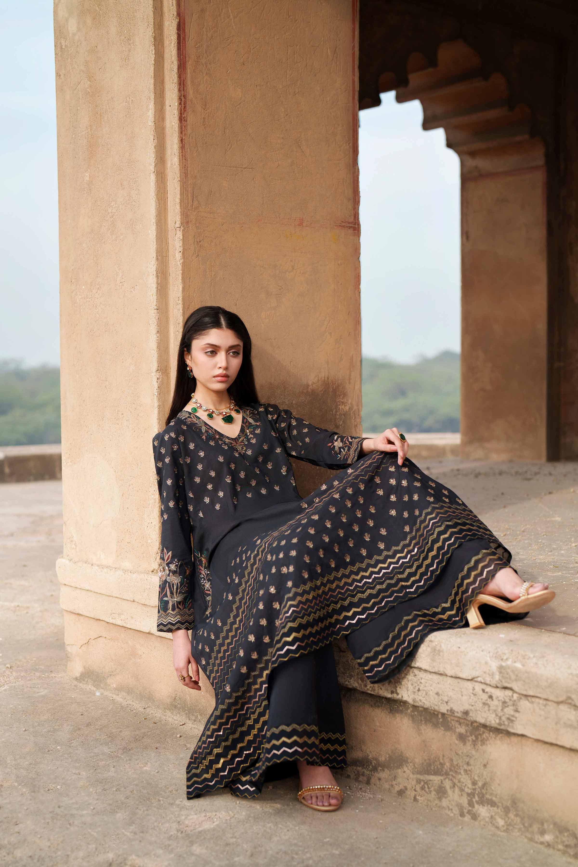 2 Piece - Embroidered Suit - KFE26-67 Black Cambric 2PC Embroidered READY TO WEAR - LUXURY