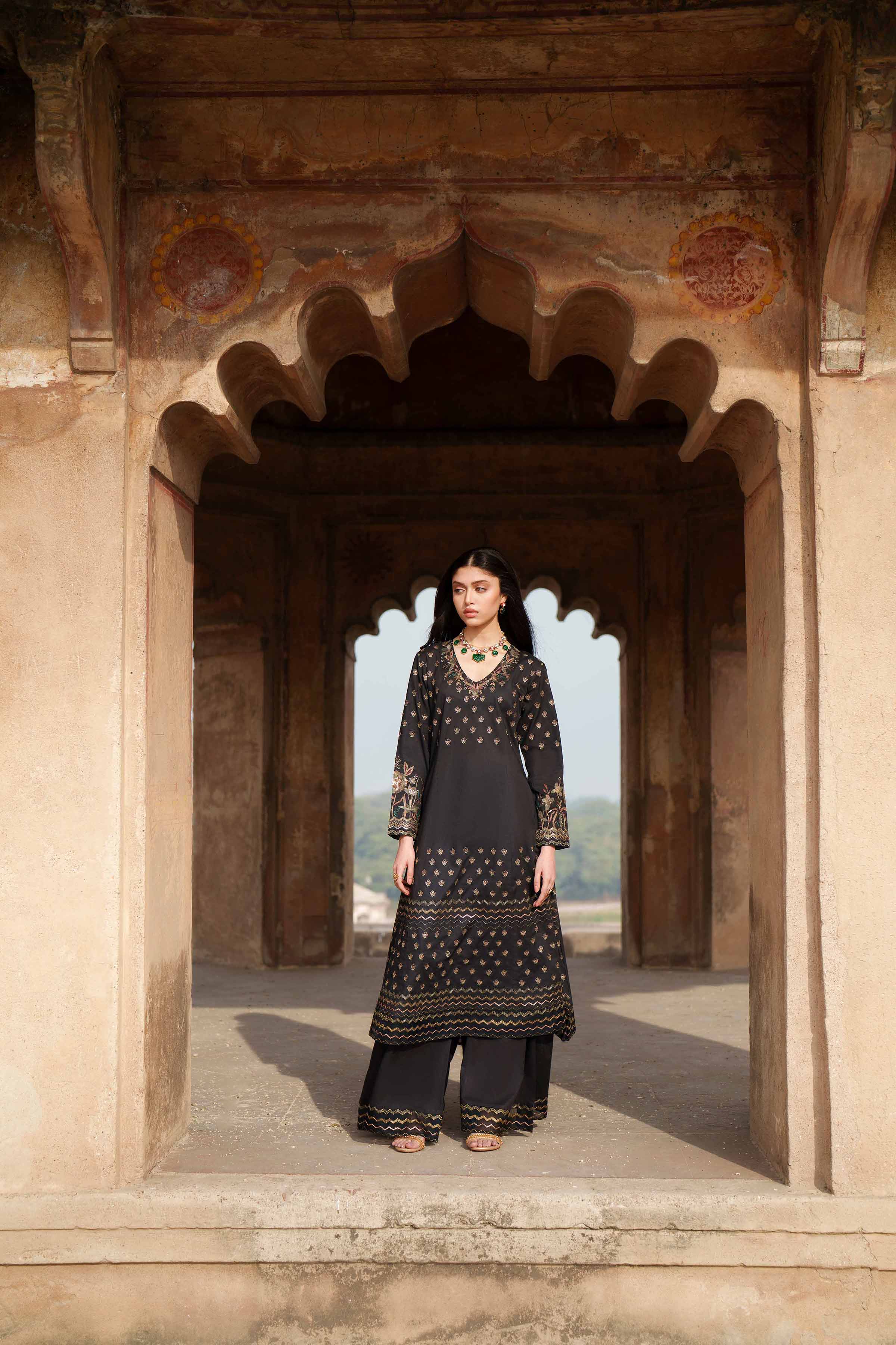 2 Piece - Embroidered Suit - KFE26-67 Black Cambric 2PC Embroidered READY TO WEAR - LUXURY