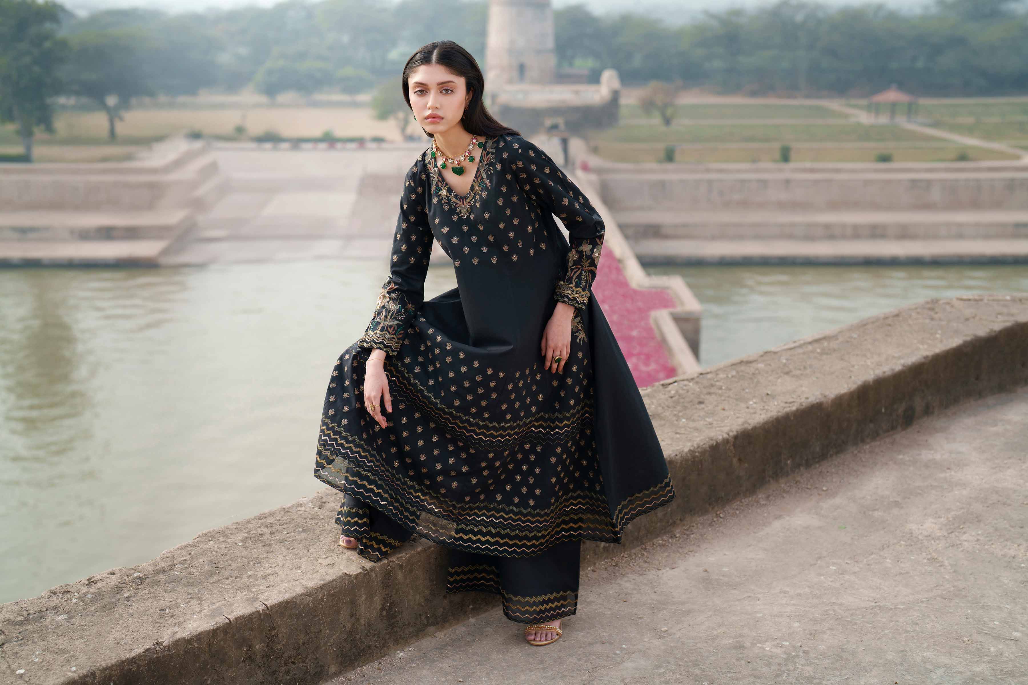 2 Piece - Embroidered Suit - KFE26-67 Black Cambric 2PC Embroidered READY TO WEAR - LUXURY