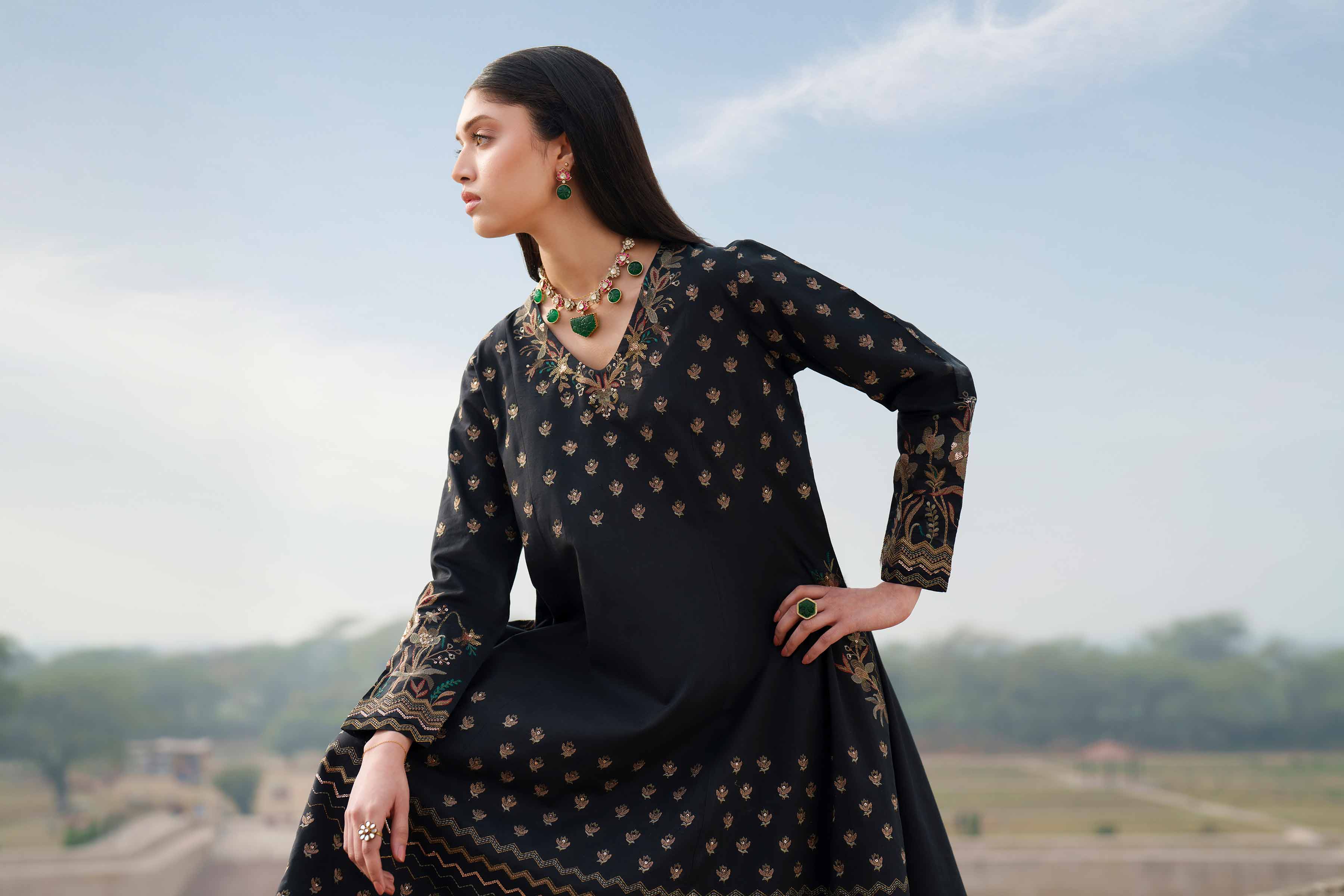 2 Piece - Embroidered Suit - KFE26-67 Black Cambric 2PC Embroidered READY TO WEAR - LUXURY