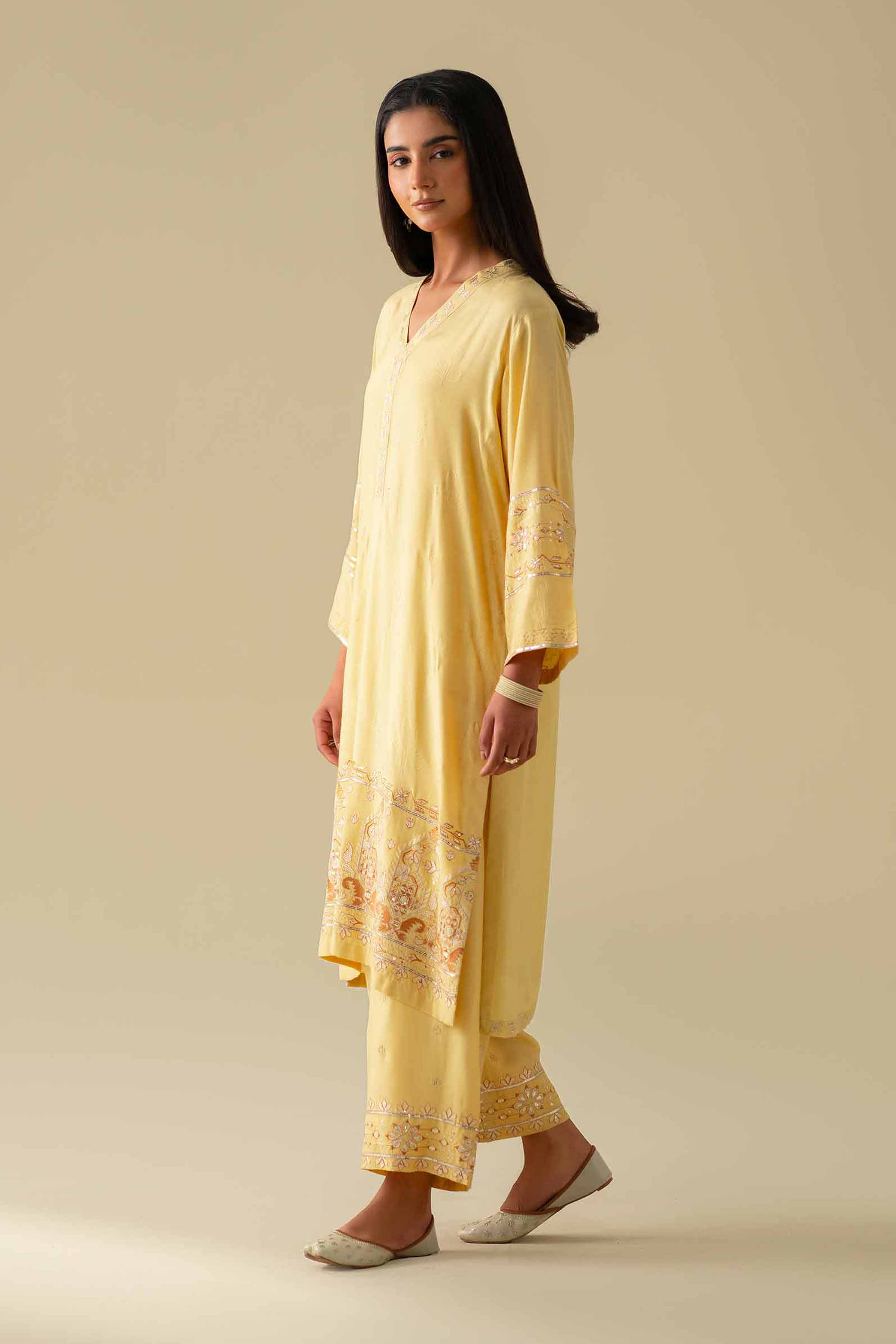 2 Piece - Embroidered Suit - KFE26-68 Yellow Silk 2PC Embroidered LUXURY