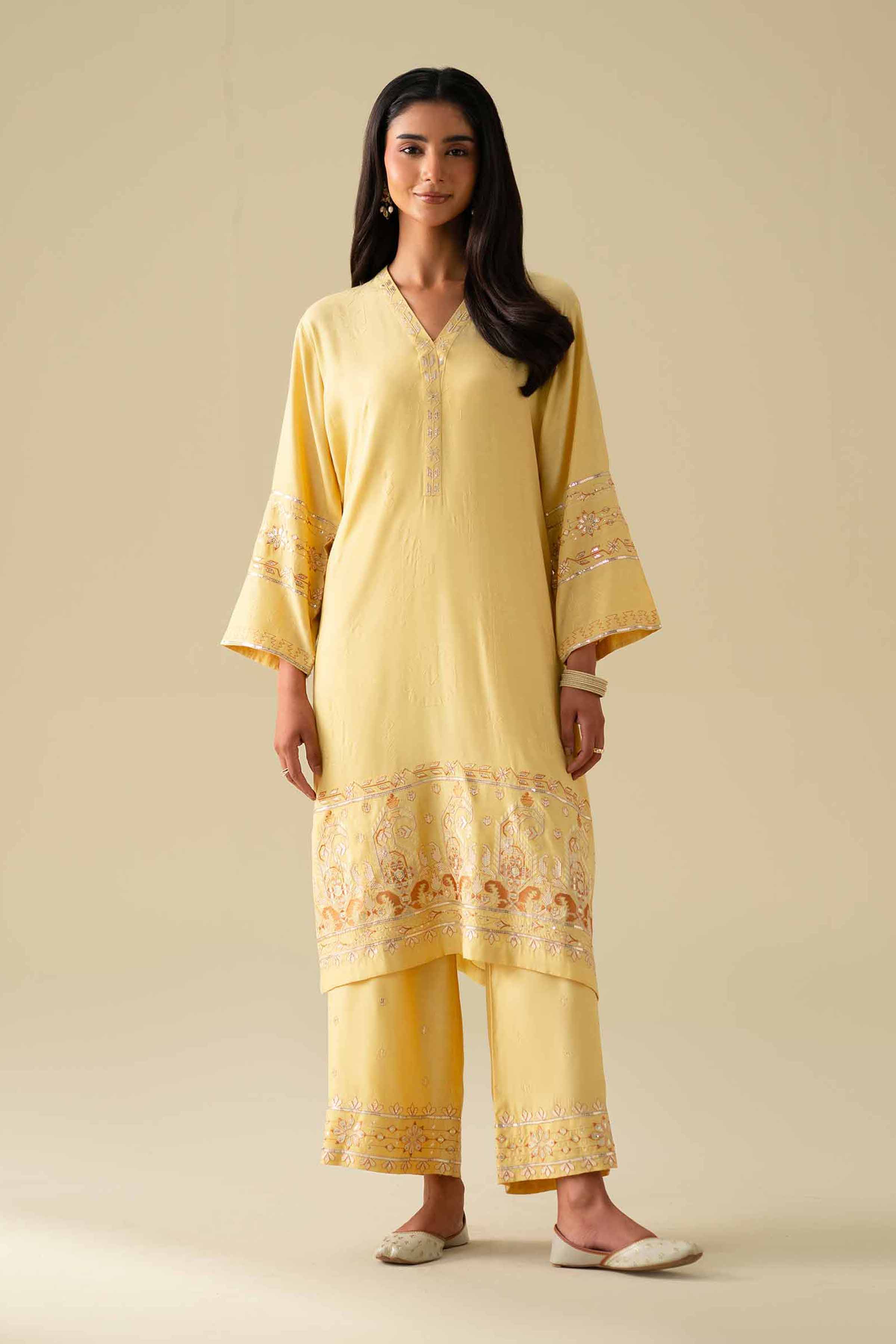 2 Piece - Embroidered Suit - KFE26-68 Yellow Silk 2PC Embroidered LUXURY