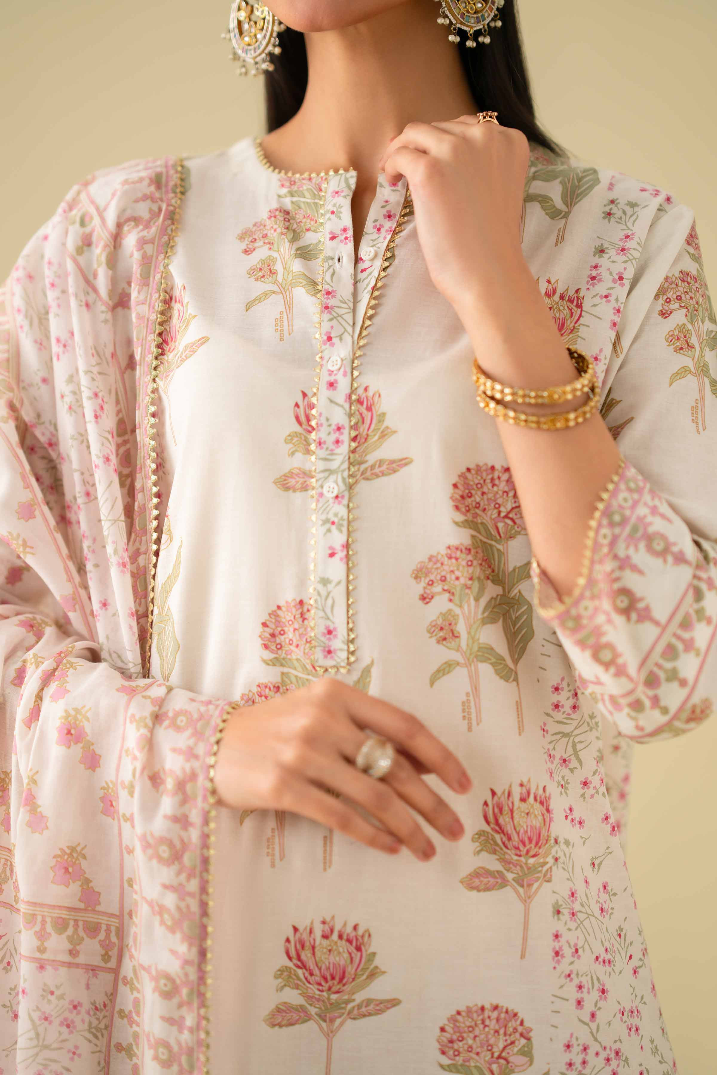 3 Piece - Printed Suit - KFE26-78 Off White Cambric 3PC Printed LUXURY