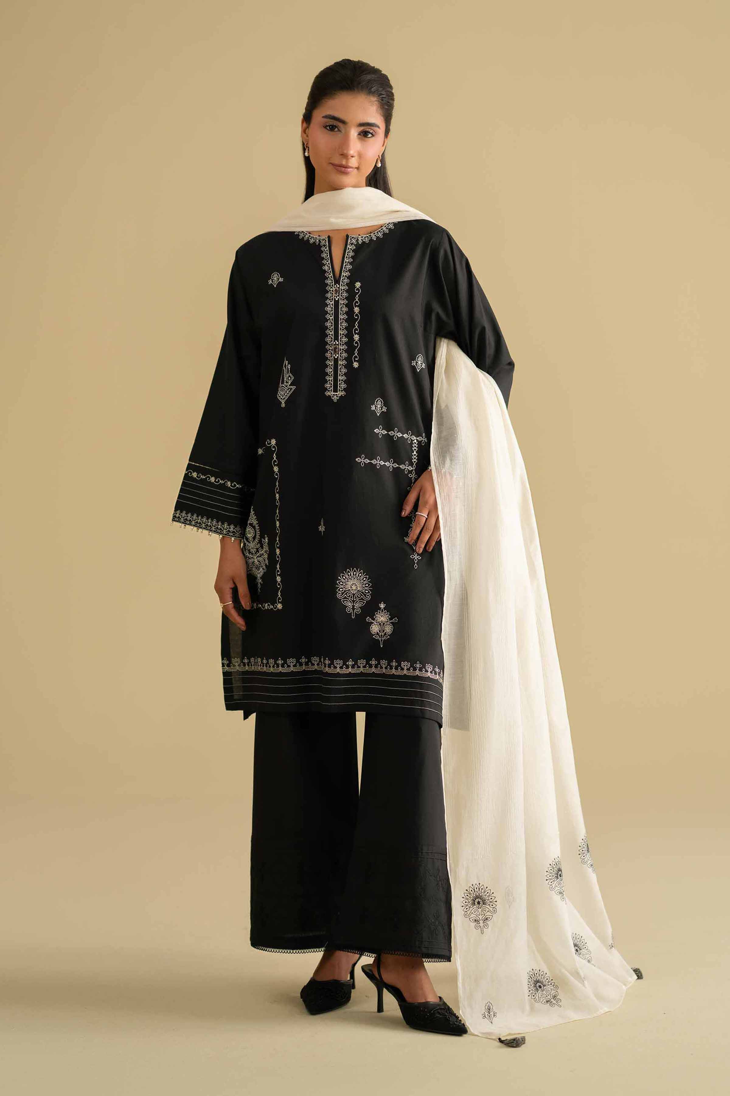 3 Piece - Embroidered Suit - KFE26-84 Black Cambric 3PC Embroidered LUXURY