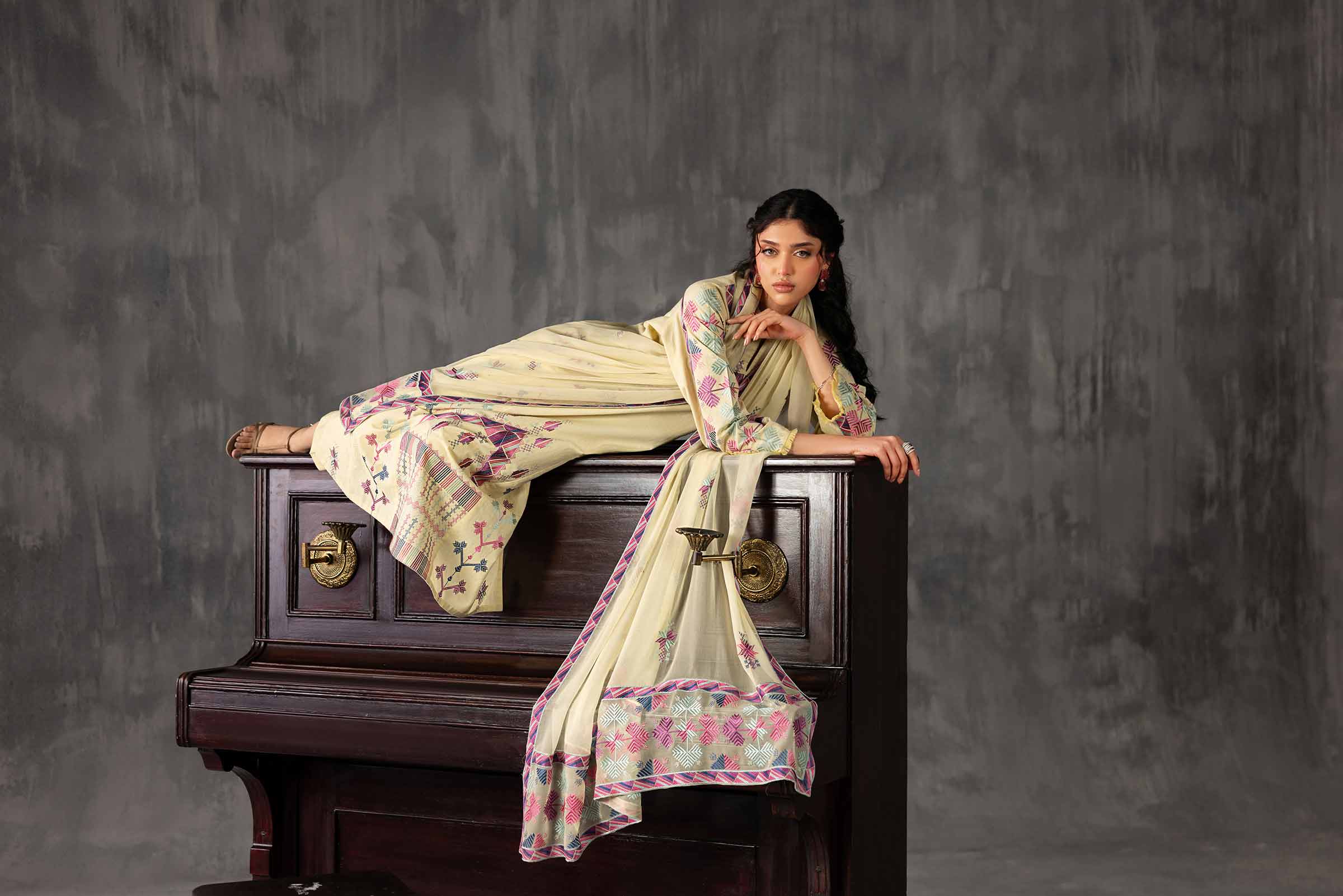 3 Piece - Embroidered Suit - KFE26-94 Yellow Yarn Dyed 3PC Embroidered READY TO WEAR