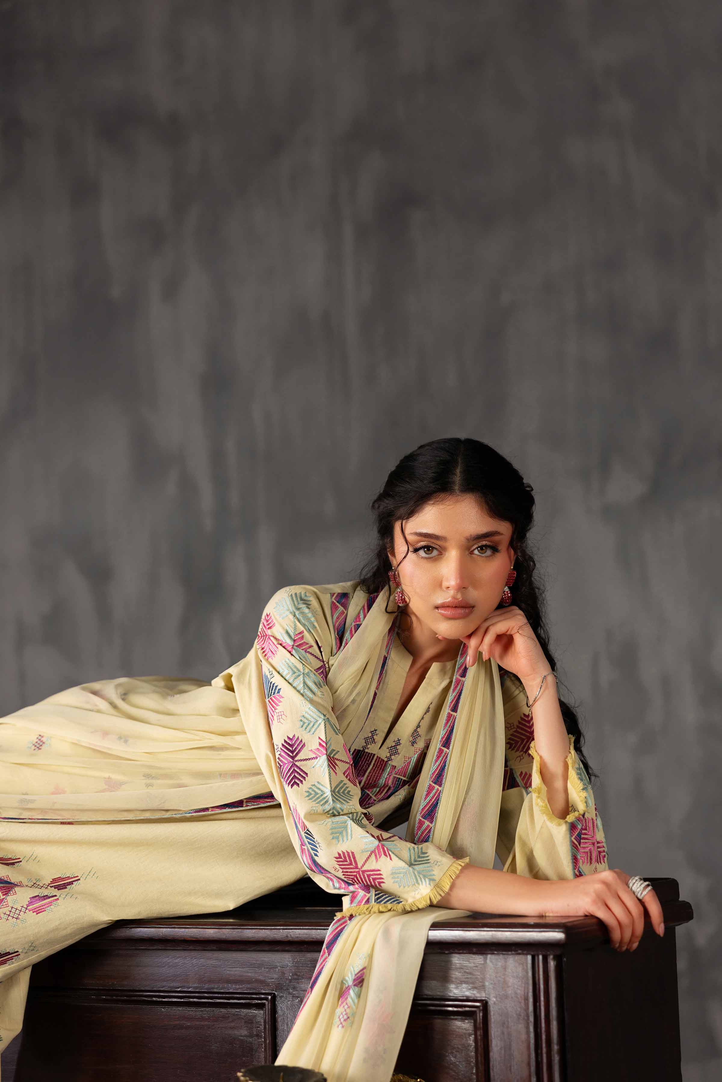 3 Piece - Embroidered Suit - KFE26-94 Yellow Yarn Dyed 3PC Embroidered READY TO WEAR