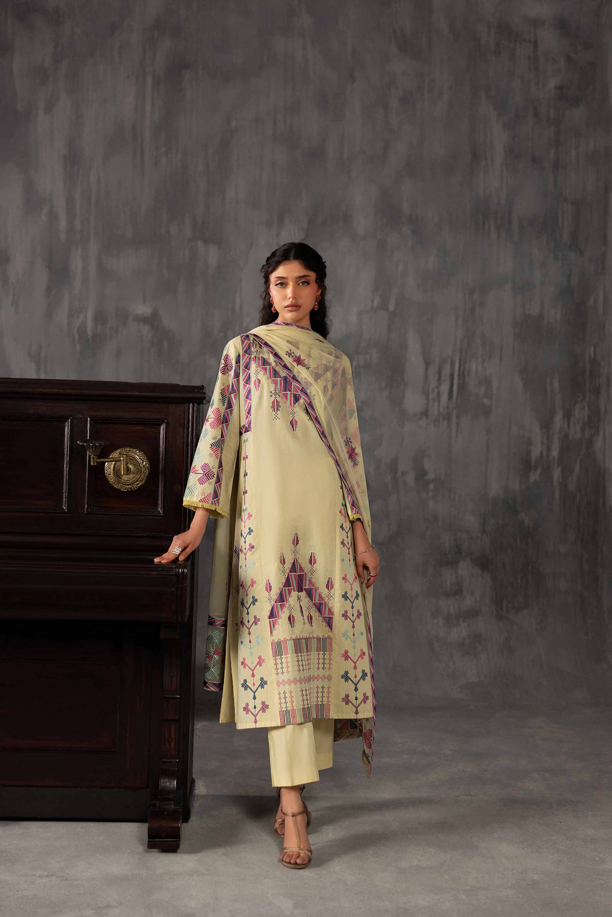 3 Piece - Embroidered Suit - KFE26-94 Yellow Yarn Dyed 3PC Embroidered READY TO WEAR