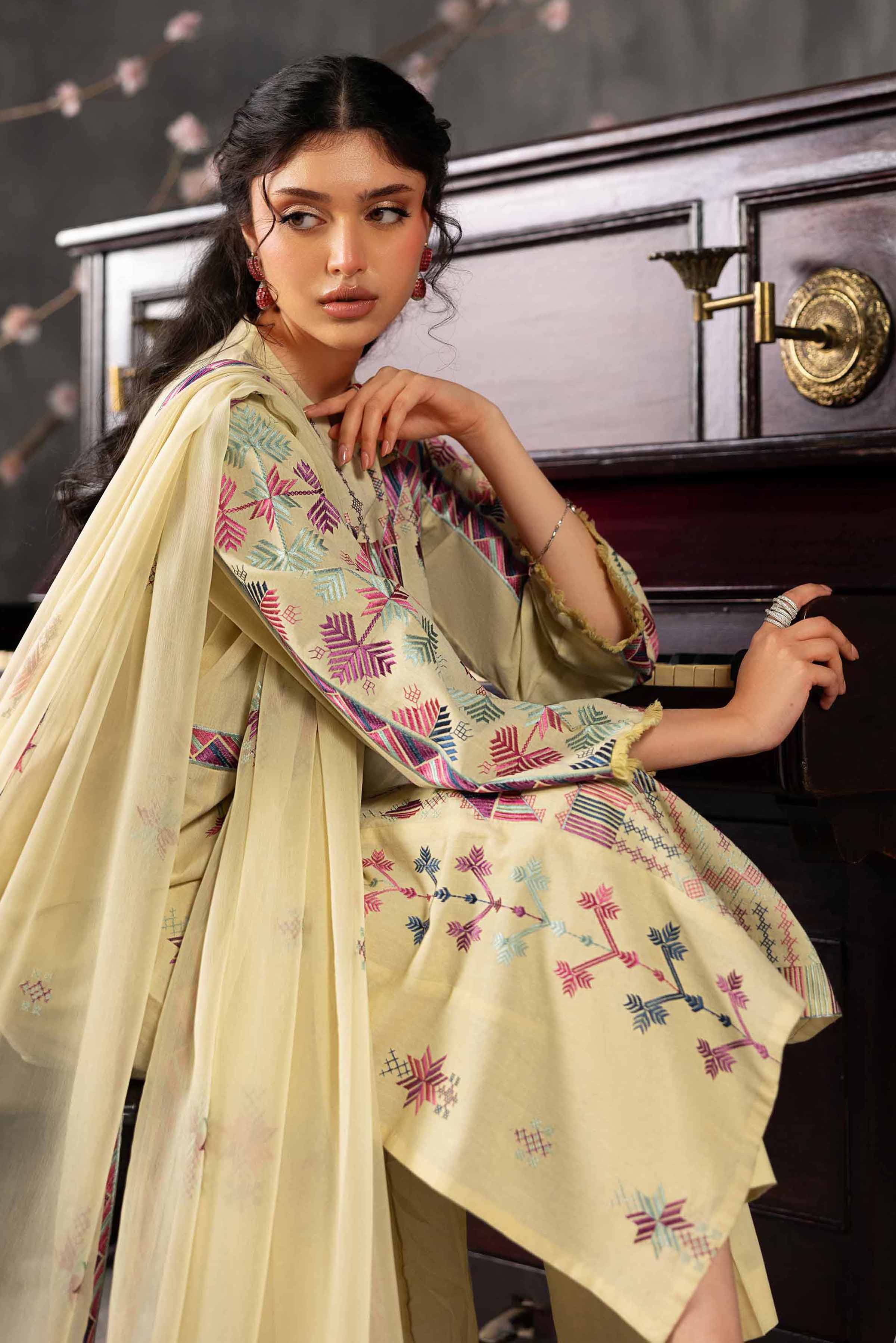 3 Piece - Embroidered Suit - KFE26-94 Yellow Yarn Dyed 3PC Embroidered READY TO WEAR