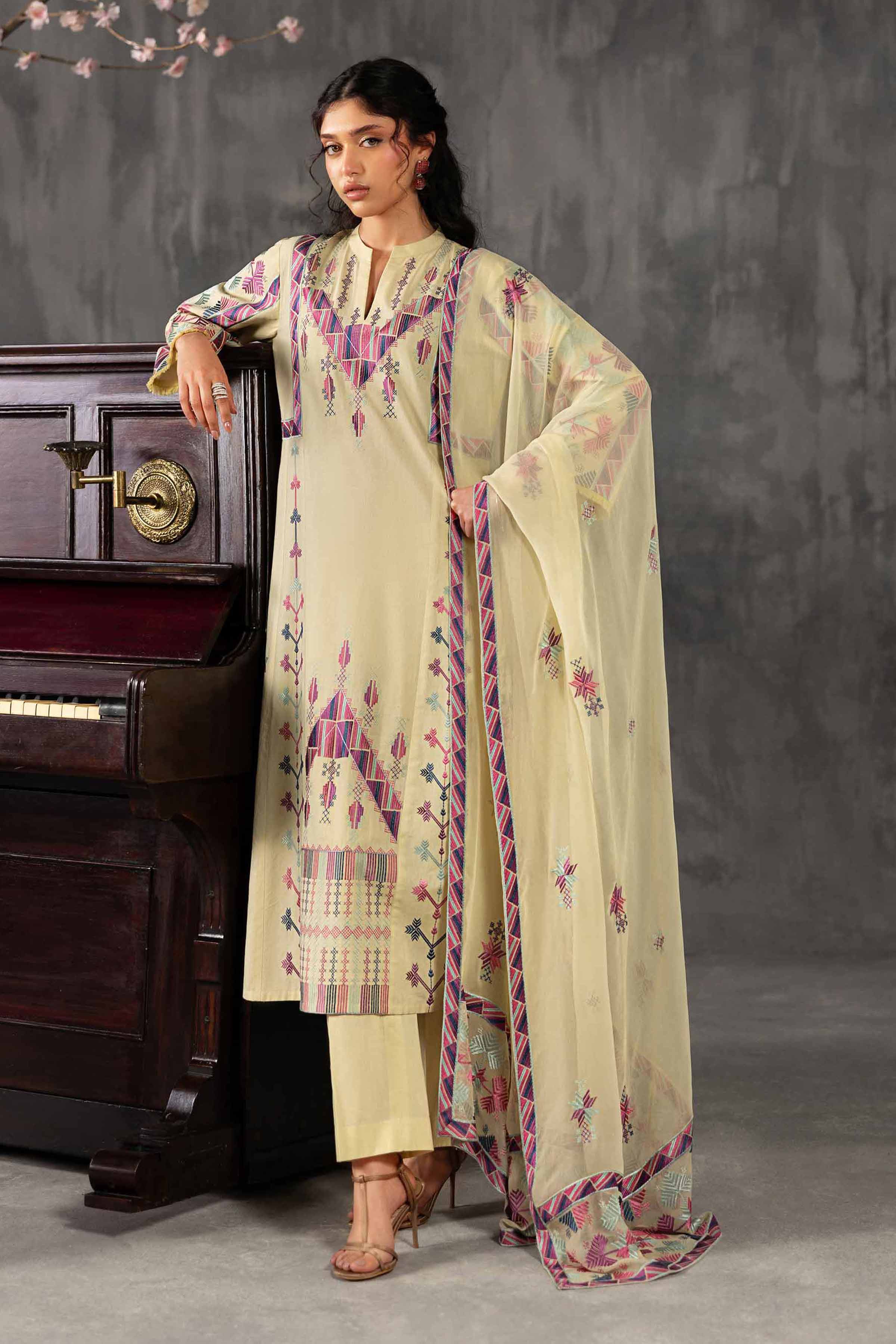 3 Piece - Embroidered Suit - KFE26-94 Yellow Yarn Dyed 3PC Embroidered READY TO WEAR