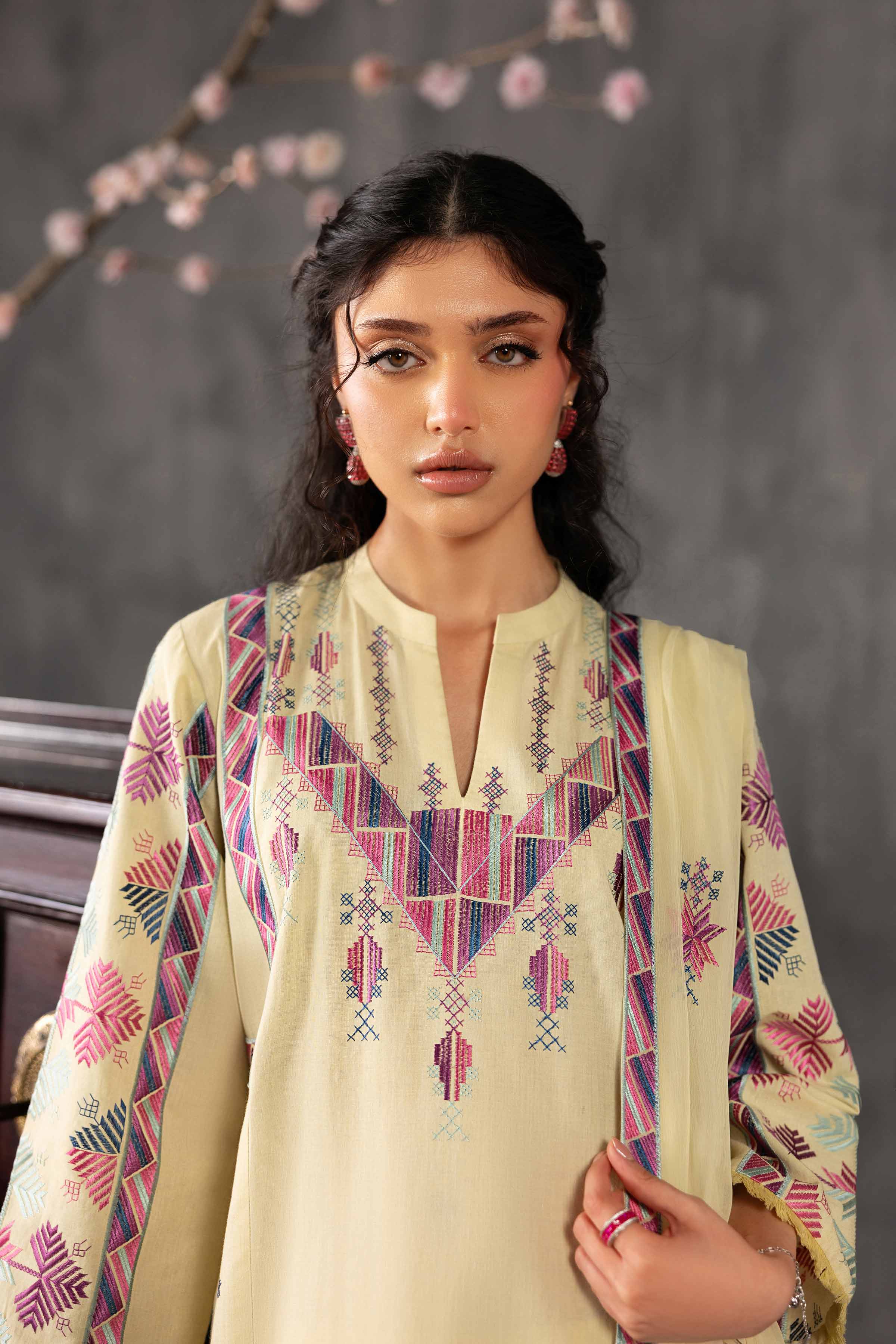 3 Piece - Embroidered Suit - KFE26-94 Yellow Yarn Dyed 3PC Embroidered READY TO WEAR