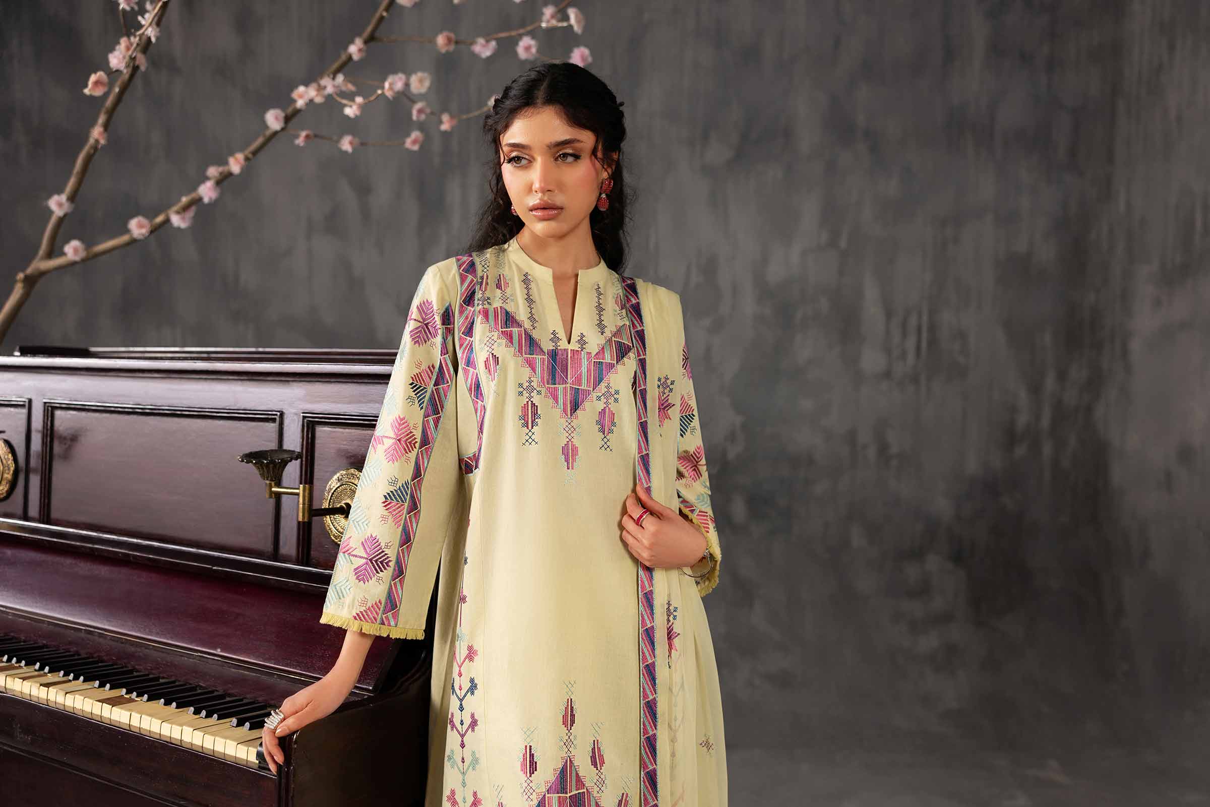 3 Piece - Embroidered Suit - KFE26-94 Yellow Yarn Dyed 3PC Embroidered READY TO WEAR