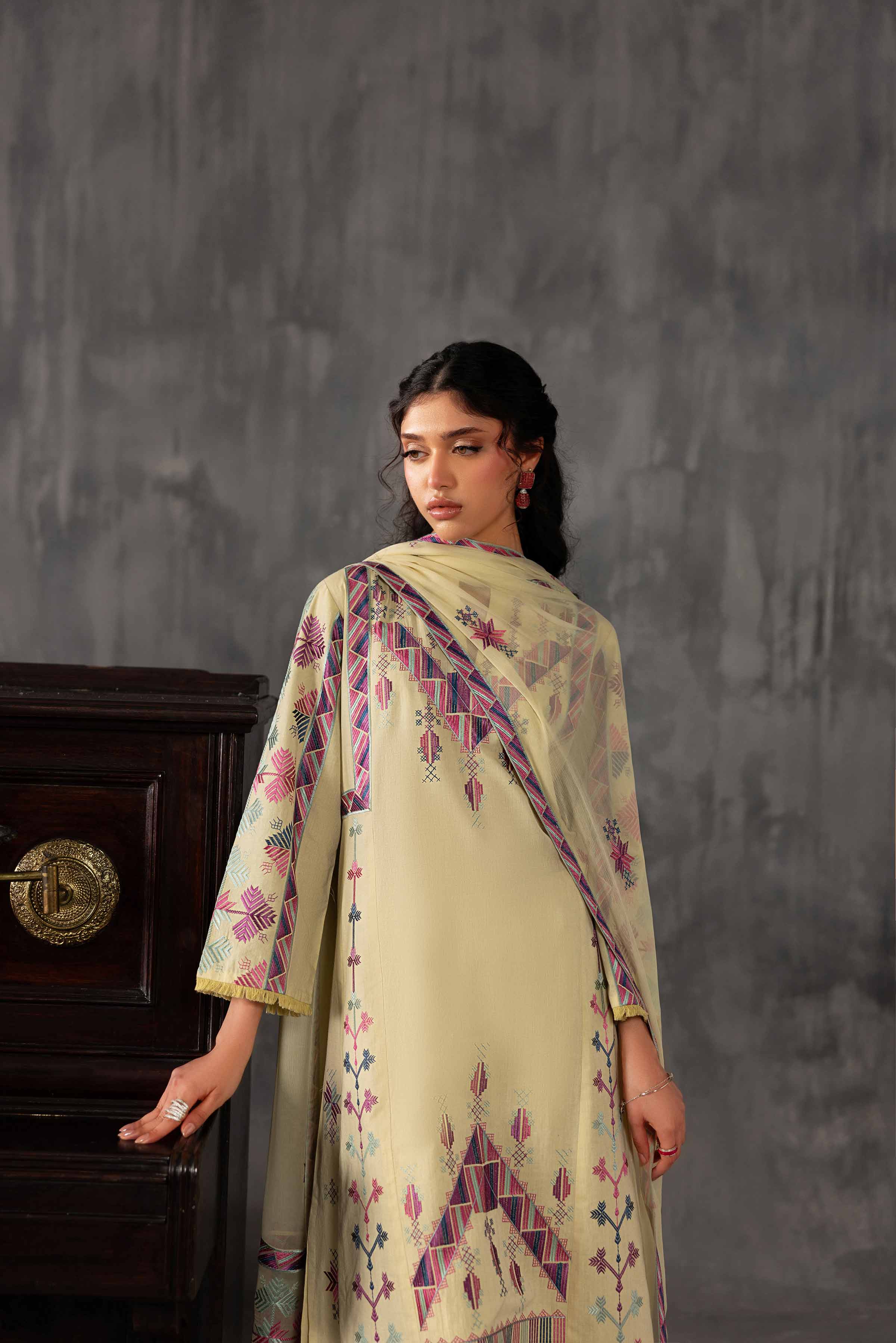 3 Piece - Embroidered Suit - KFE26-94 Yellow Yarn Dyed 3PC Embroidered READY TO WEAR