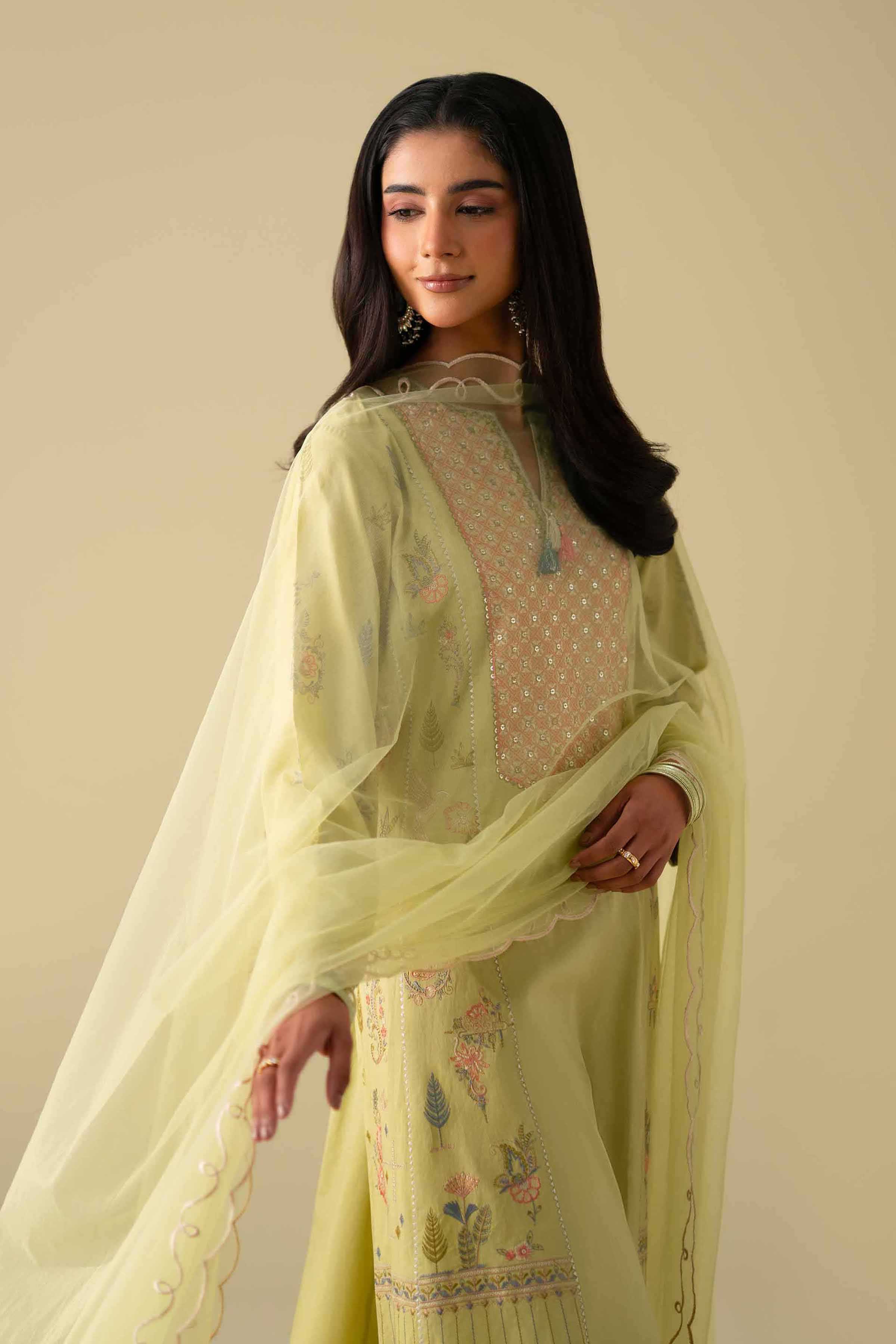 3 Piece - Embroidered Suit - KFE26-98 Green Cambric 3PC Embroidered READY TO WEAR