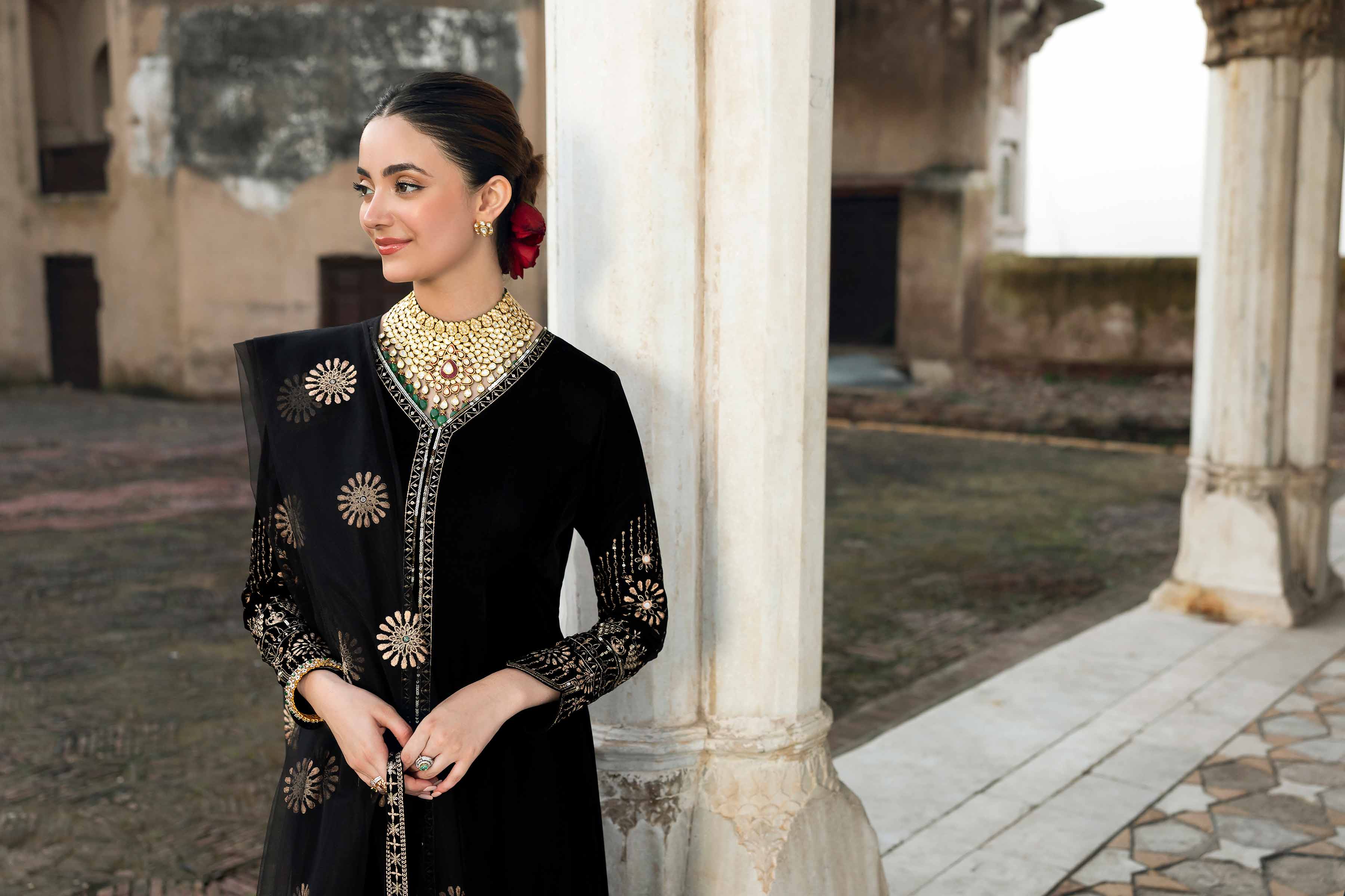 NISHATUAE - Black Embroidered Velvet 3-piece Ready to wear Suit