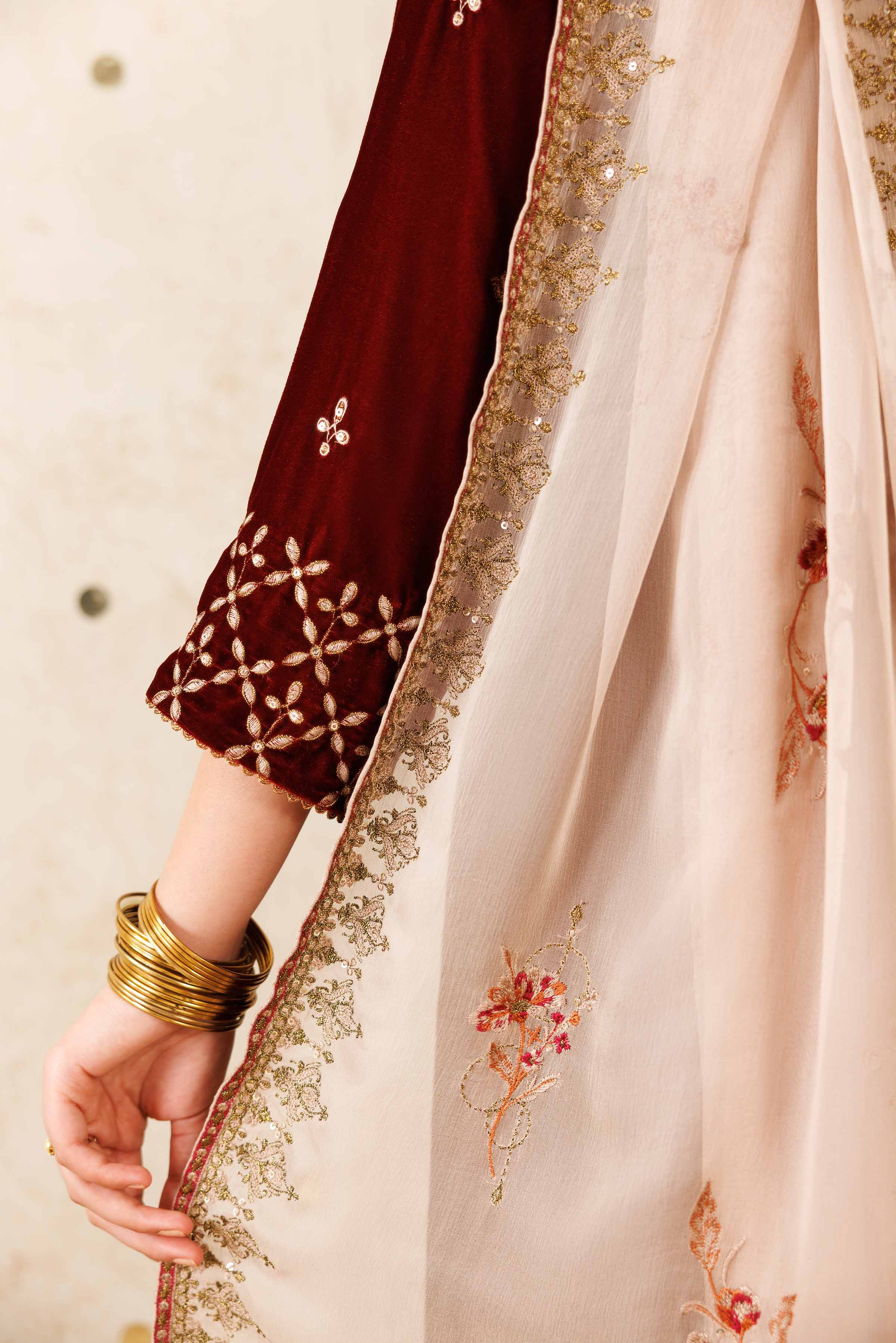 NISHATUAE - Maroon Embroidered Velvet 2-piece Ready to wear Dress