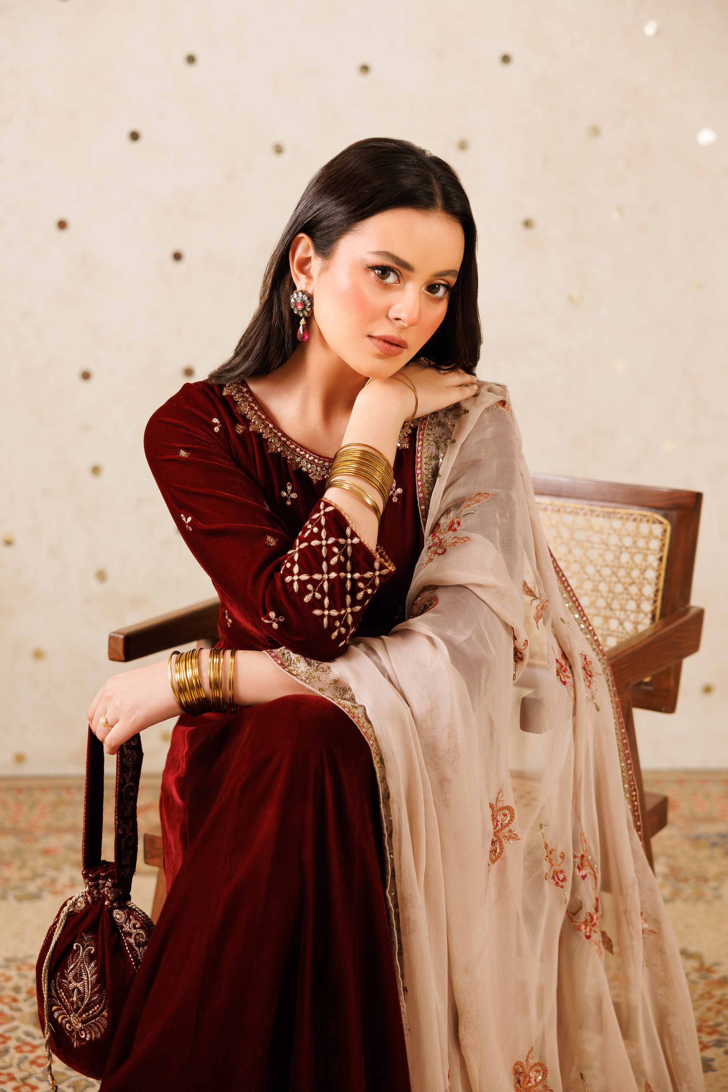 NISHATUAE - Maroon Embroidered Velvet 2-piece Ready to wear Dress