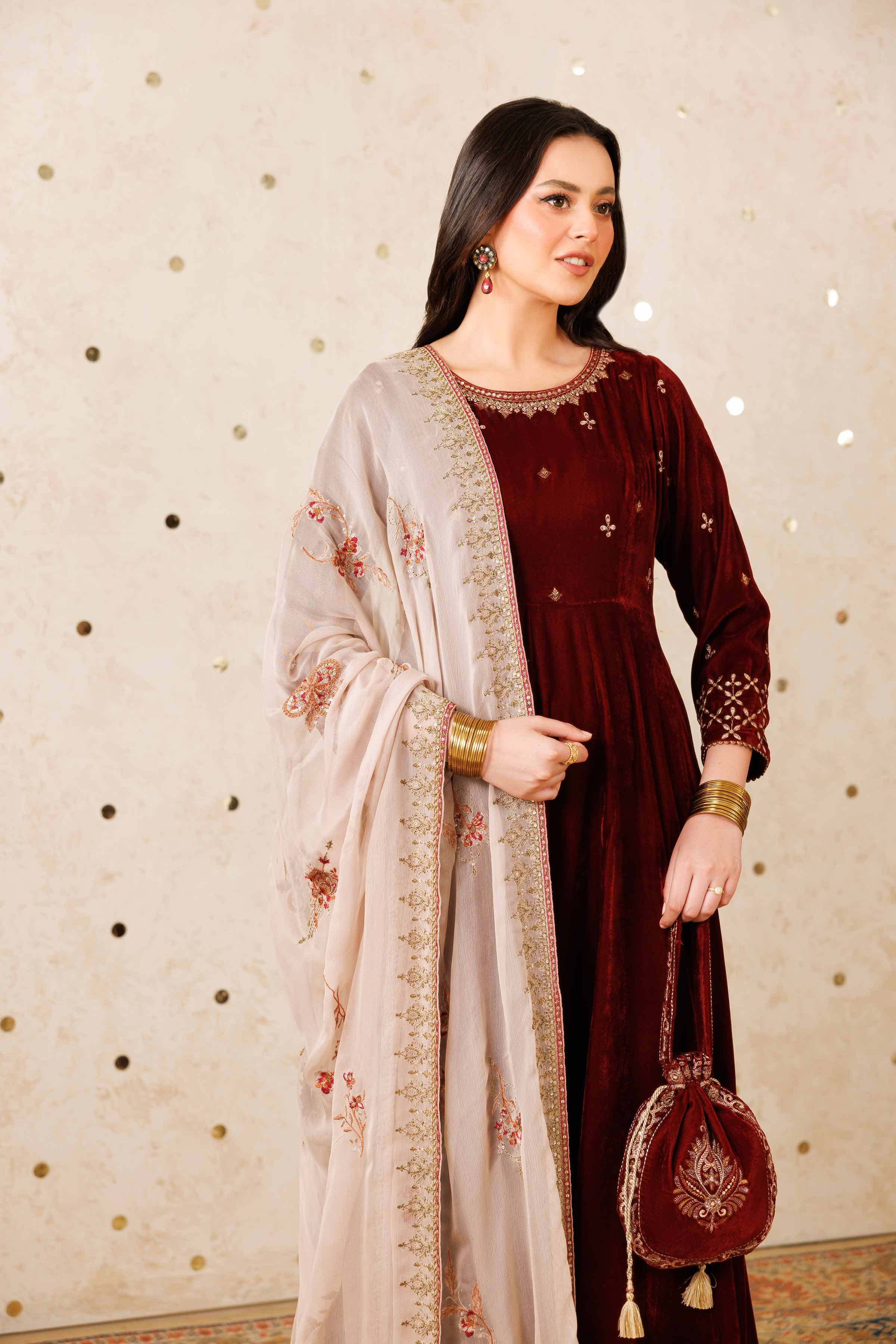 NISHATUAE - Maroon Embroidered Velvet 2-piece Ready to wear Dress