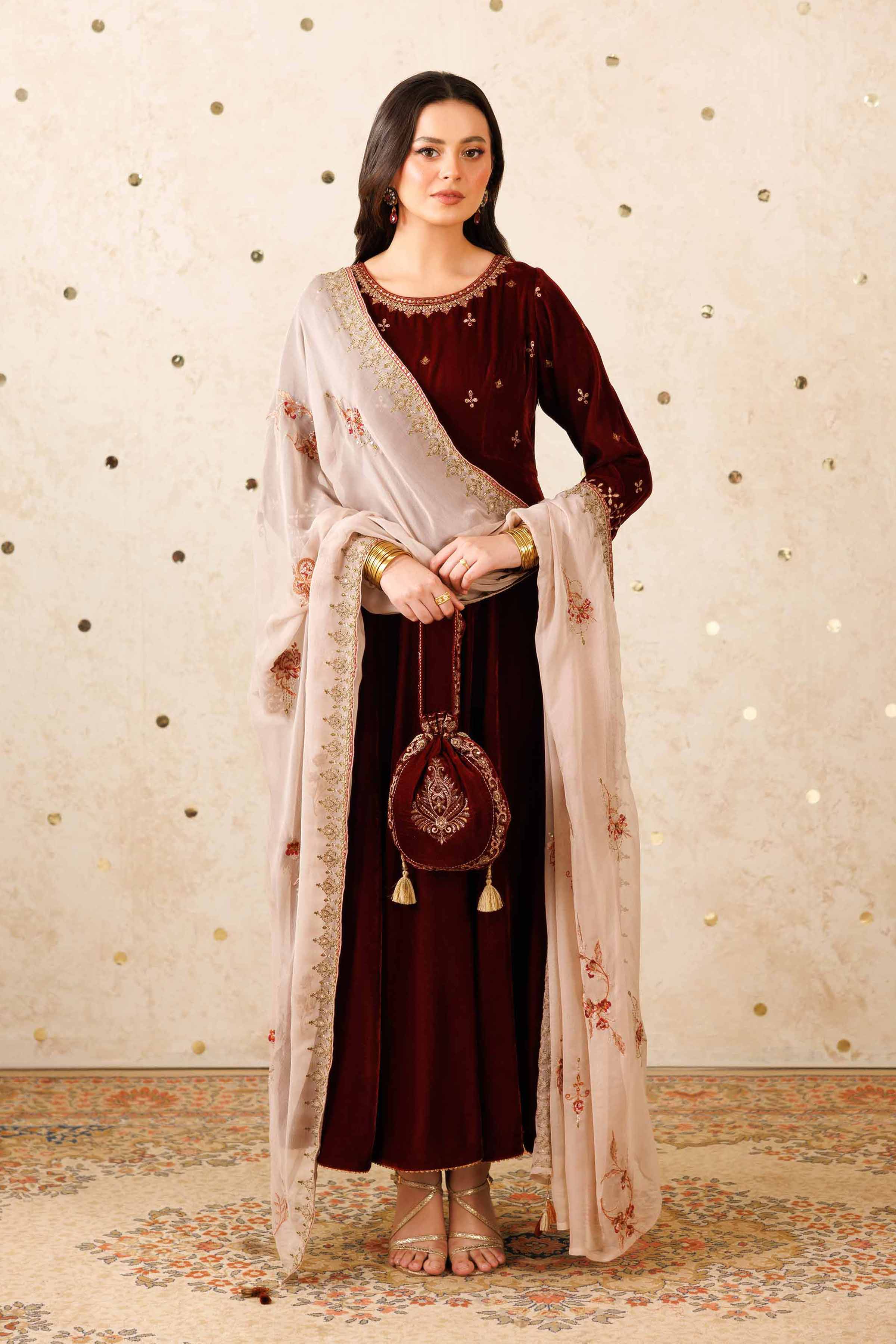 NISHATUAE - Maroon Embroidered Velvet 2-piece Ready to wear Dress