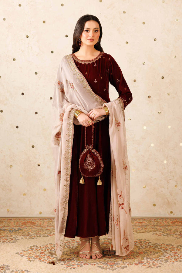 NISHATUAE - Maroon Embroidered Velvet 2-piece Ready to wear Dress