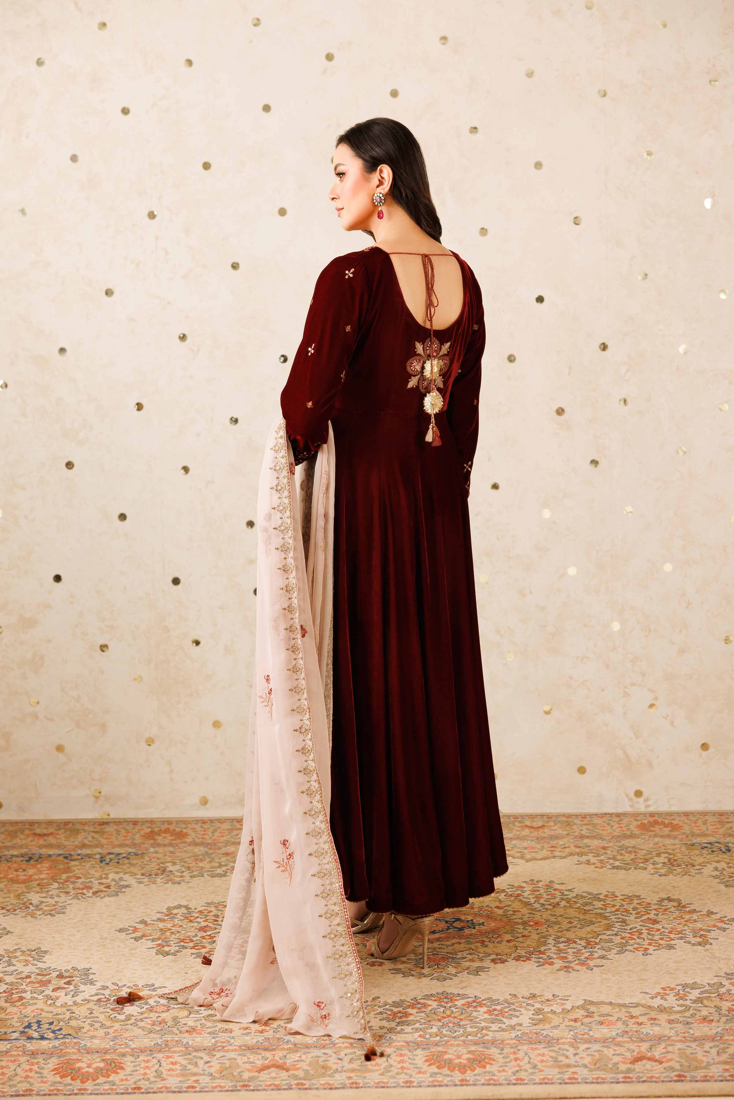 NISHATUAE - Maroon Embroidered Velvet 2-piece Ready to wear Dress