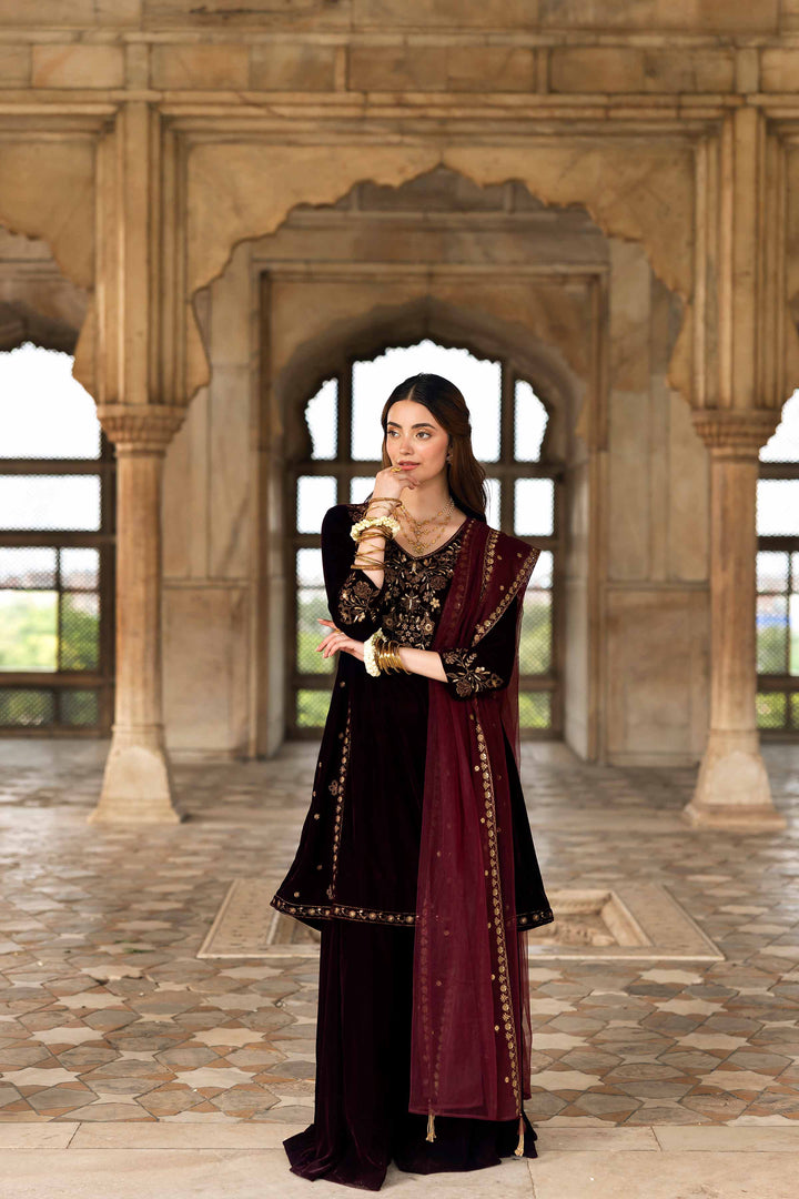 NISHATUAE - Purple Embroidered Velvet 3-piece Ready to wear Suit