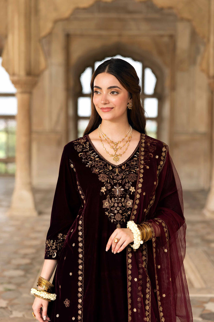 NISHATUAE - Purple Embroidered Velvet 3-piece Ready to wear Suit