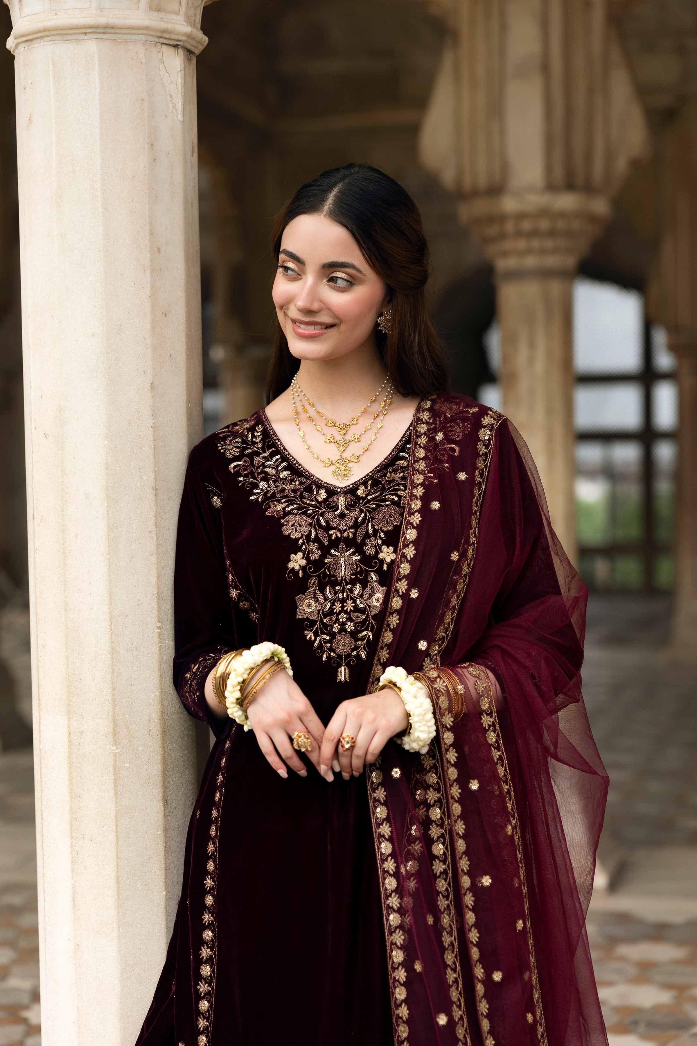 NISHATUAE - Purple Embroidered Velvet 3-piece Ready to wear Suit