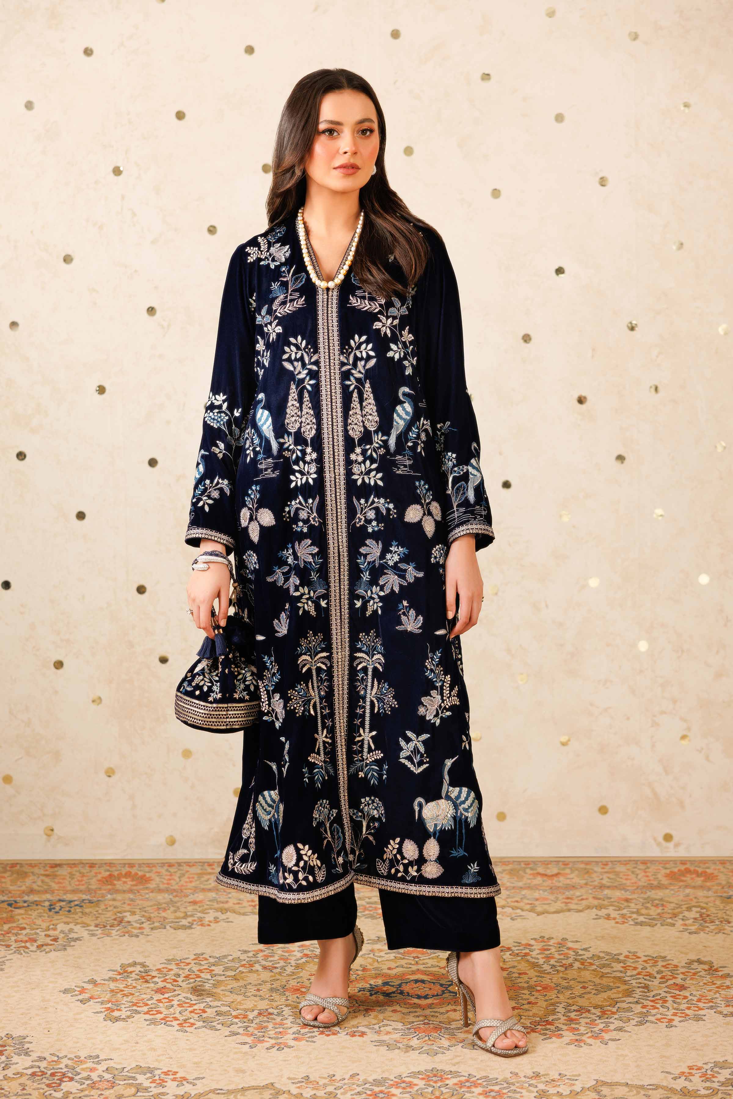 NISHATUAE - Blue Embroidered Velvet 2-piece Ready to wear Dress