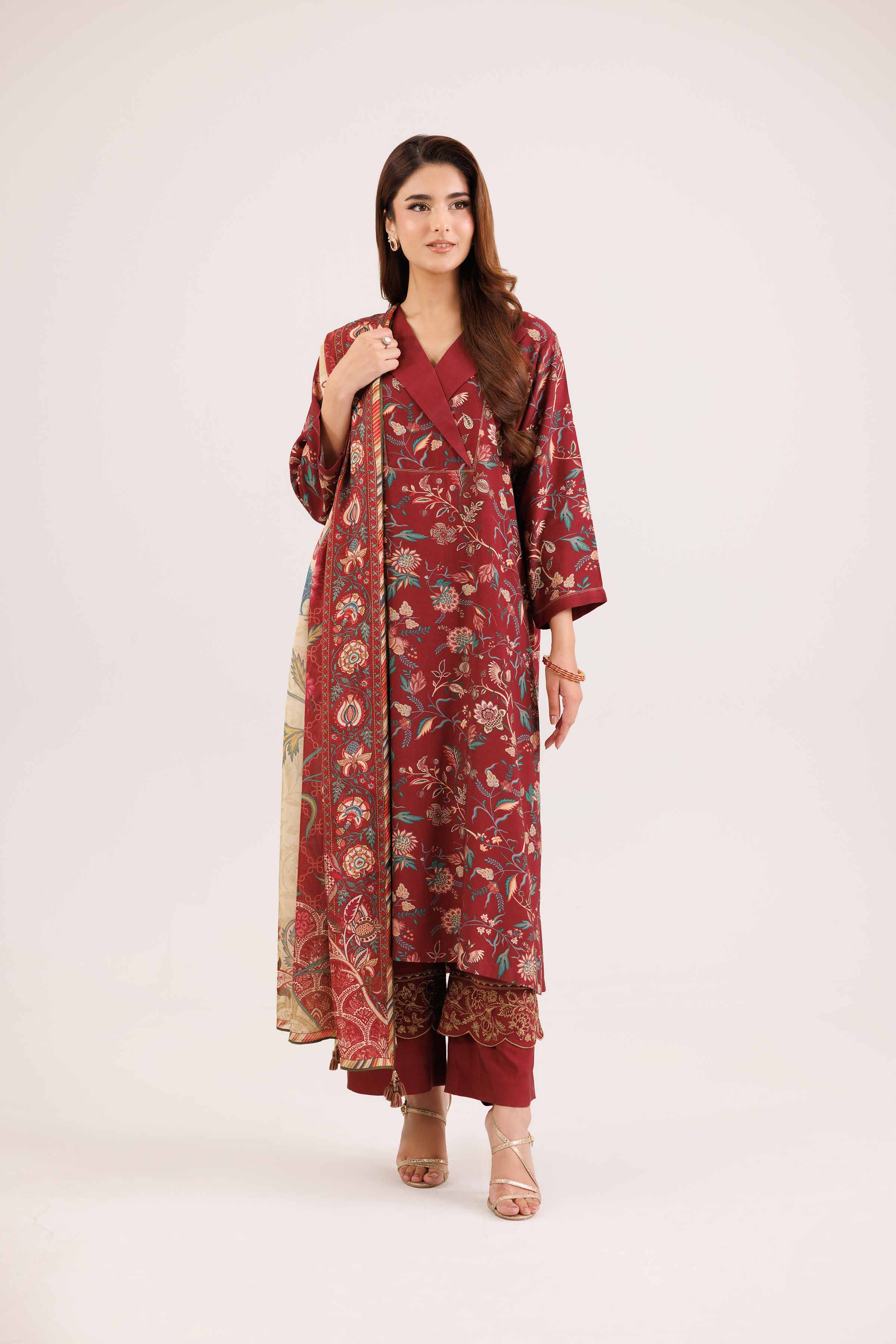 NishatUAE -  Maroon Embroidered Silk Suit Ready to wear Suit