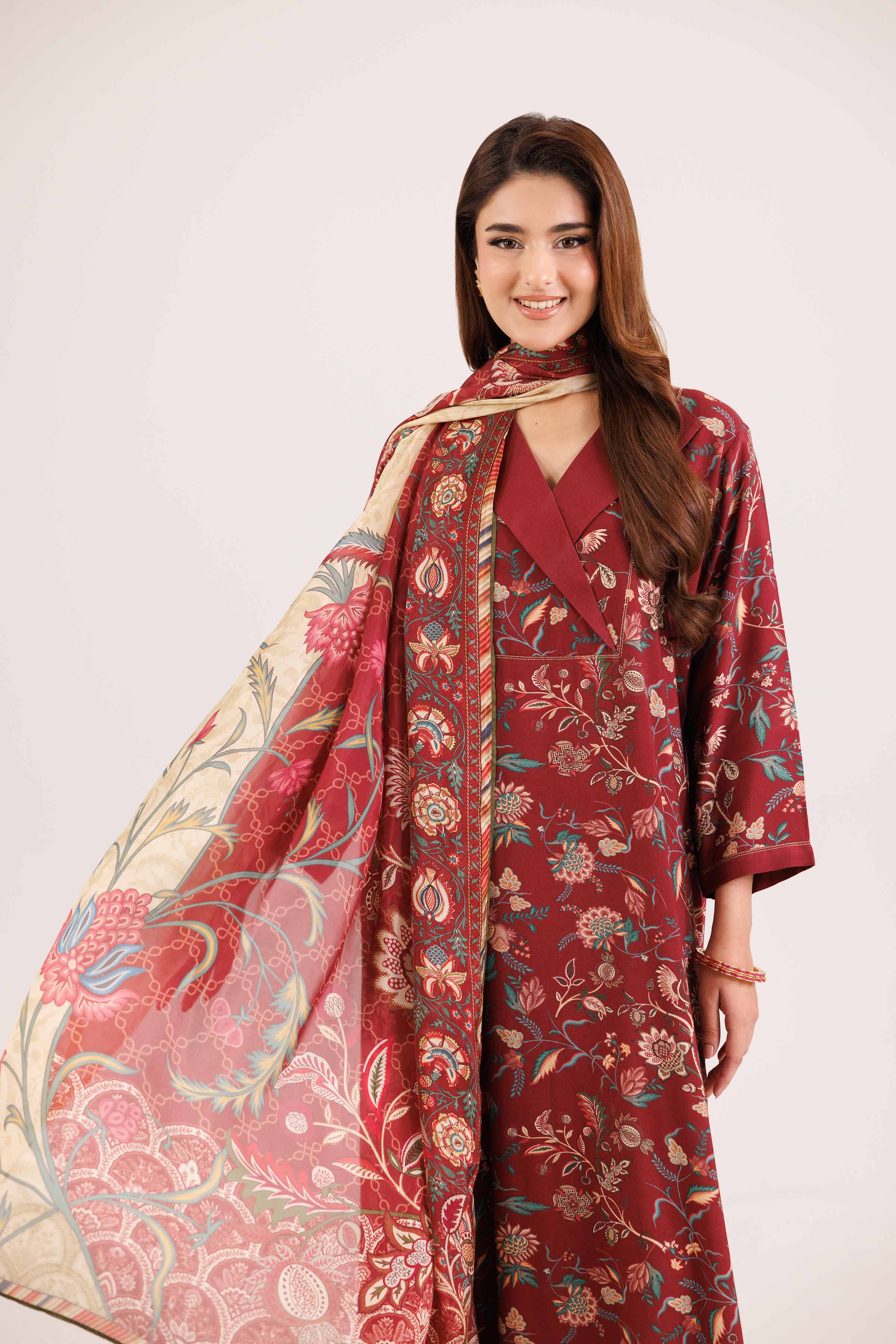 NishatUAE -  Maroon Embroidered Silk Suit Ready to wear Suit