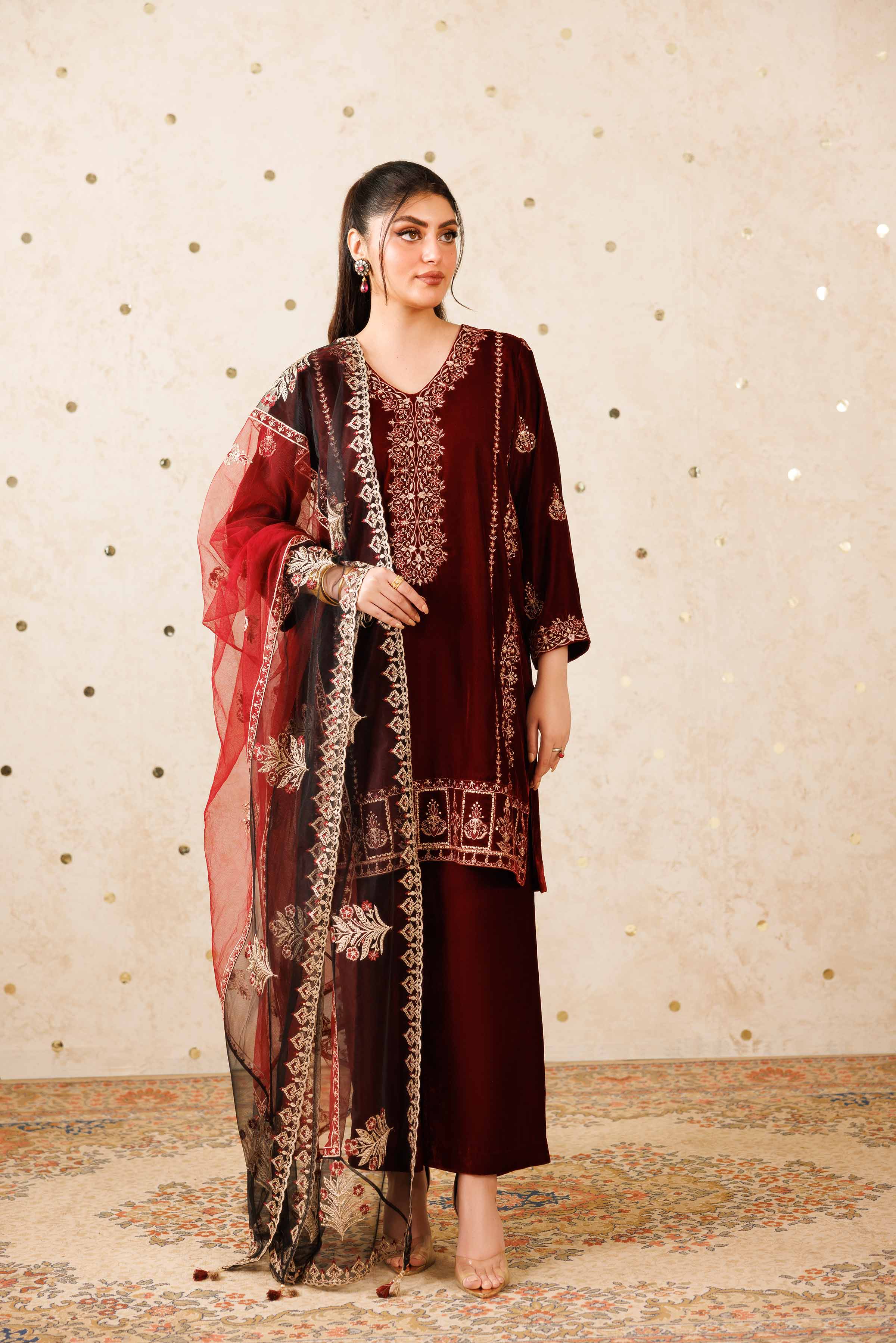 NISHATUAE - Red Embroidered Velvet 3-piece Ready to wear Suit
