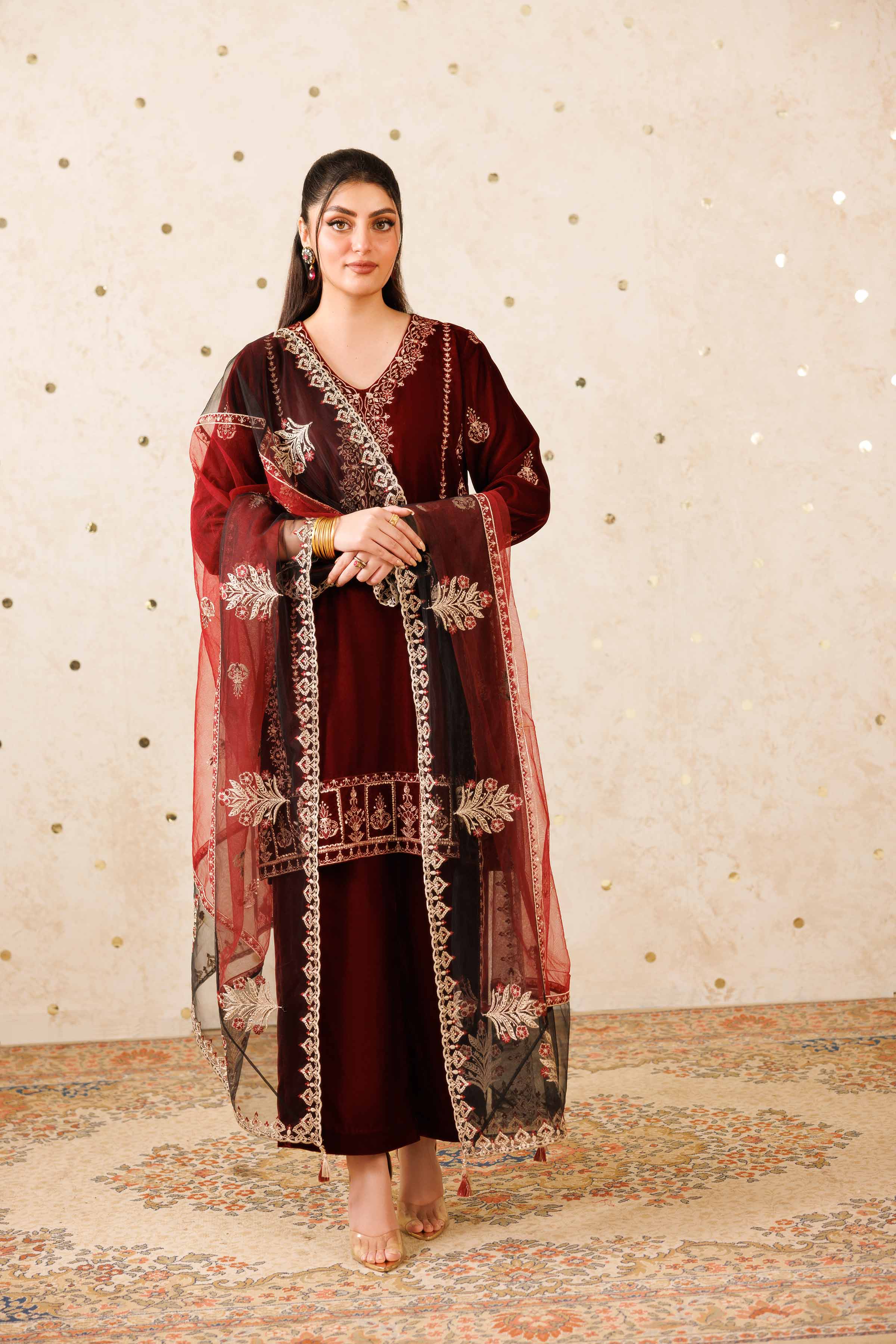 NISHATUAE - Red Embroidered Velvet 3-piece Ready to wear Suit