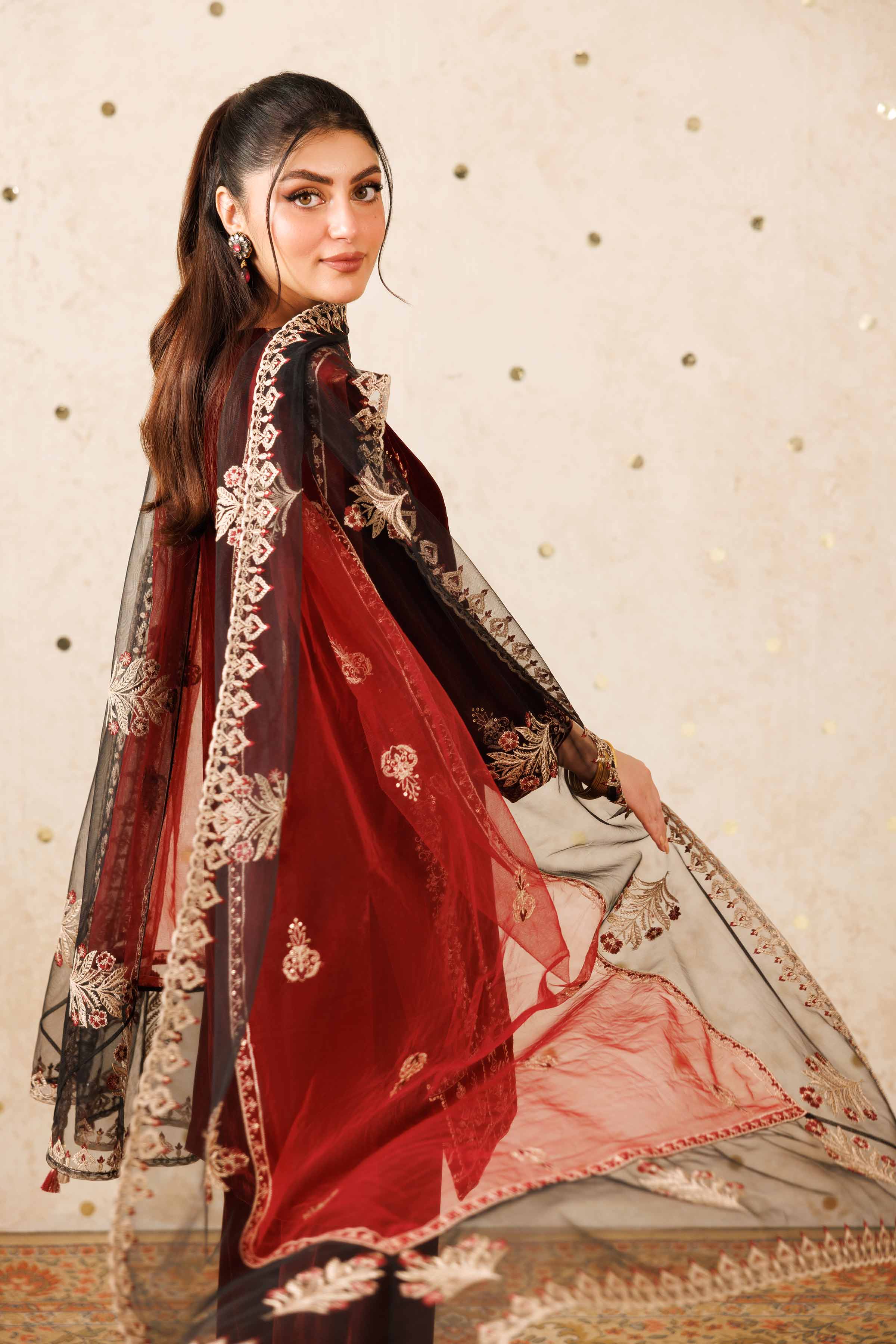 NISHATUAE - Red Embroidered Velvet 3-piece Ready to wear Suit