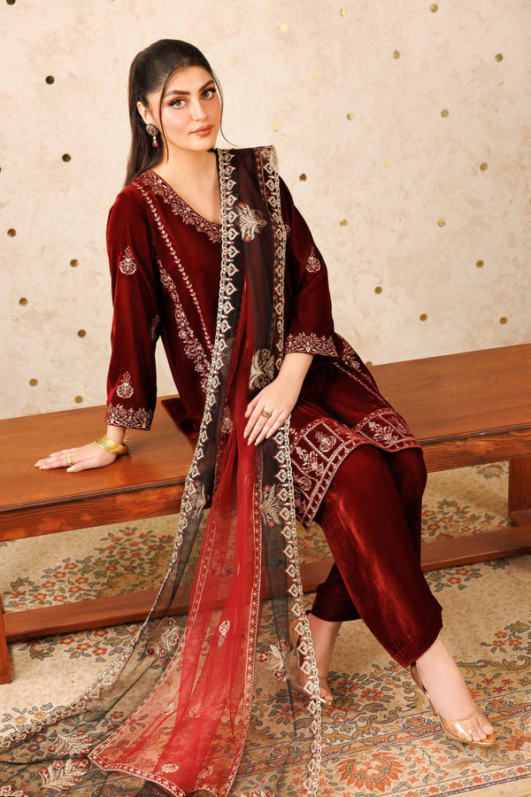 NISHATUAE - Red Embroidered Velvet 3-piece Ready to wear Suit