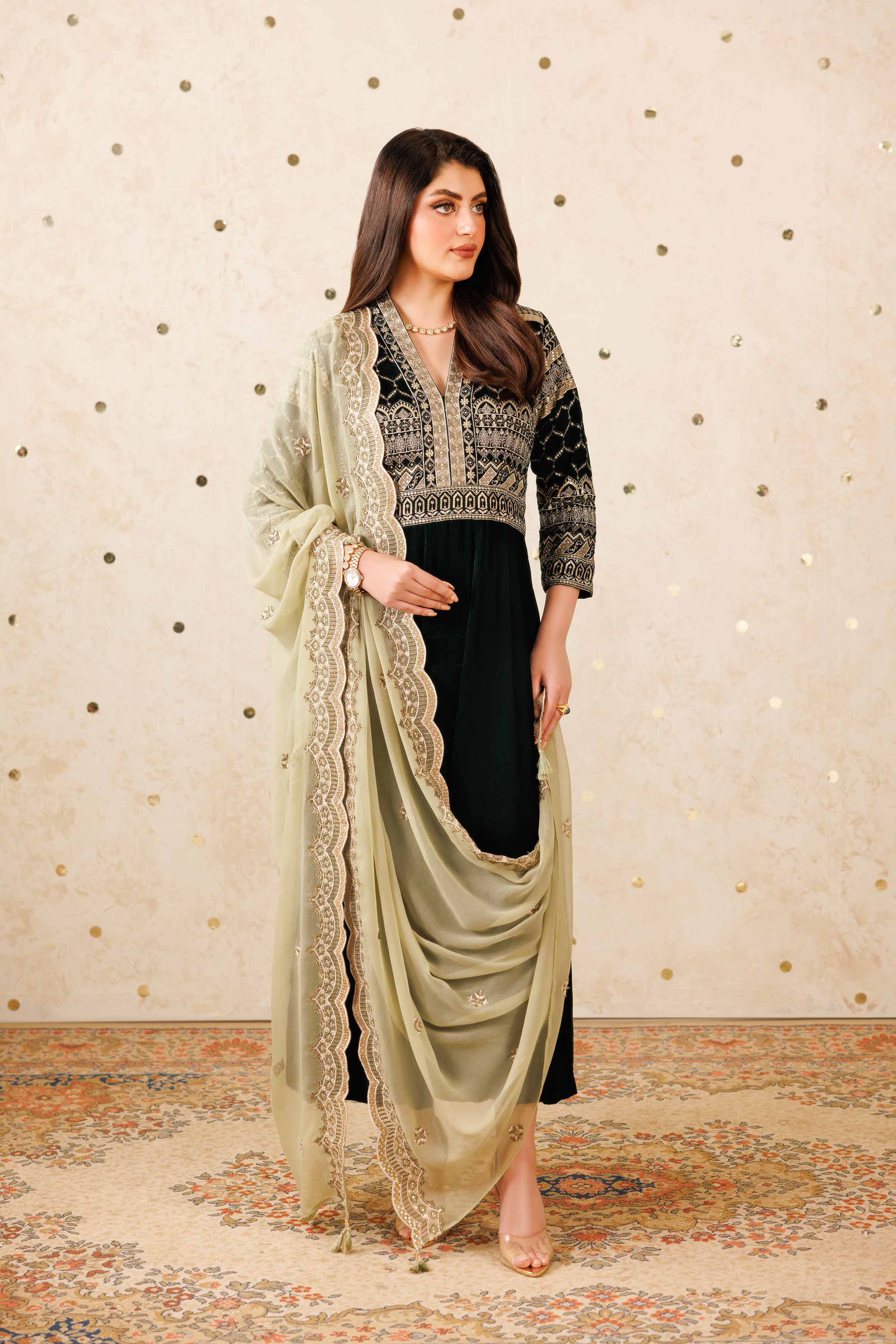 NISHATUAE - Green Embroidered Velvet 3-piece Ready to wear Suit