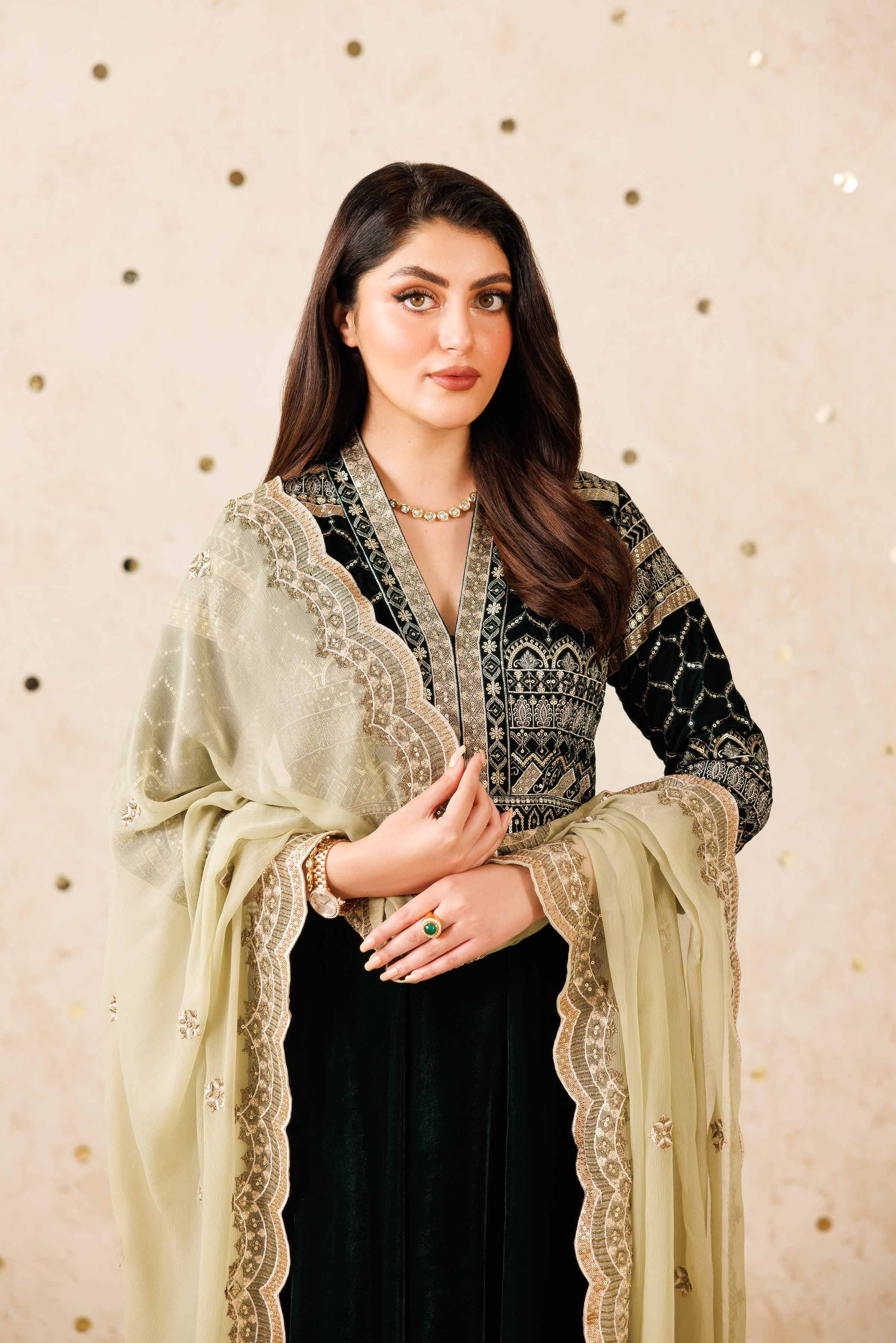 NISHATUAE - Green Embroidered Velvet 3-piece Ready to wear Suit