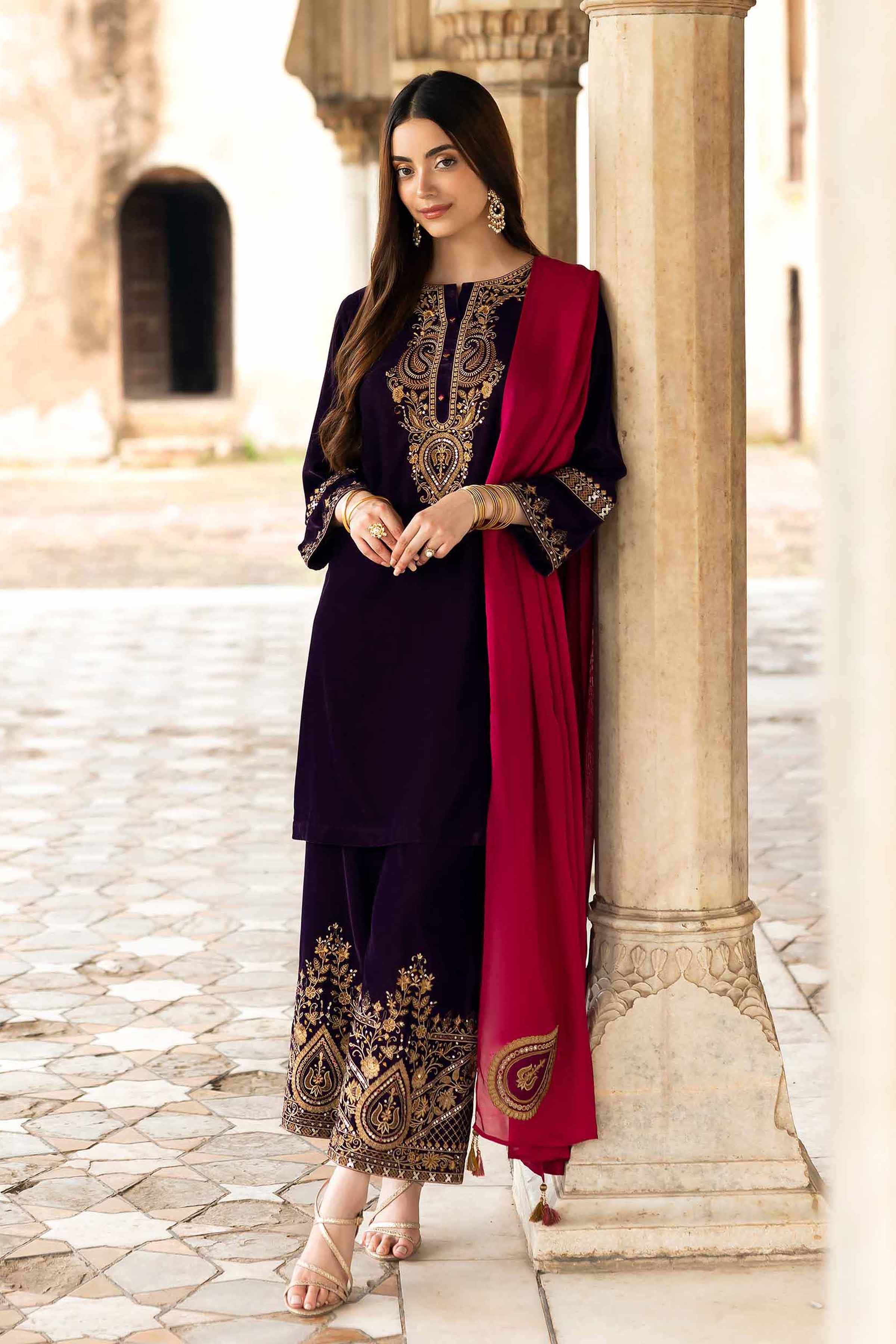 NISHATUAE - Purple Embroidered Velvet 3-piece Ready to wear Suit