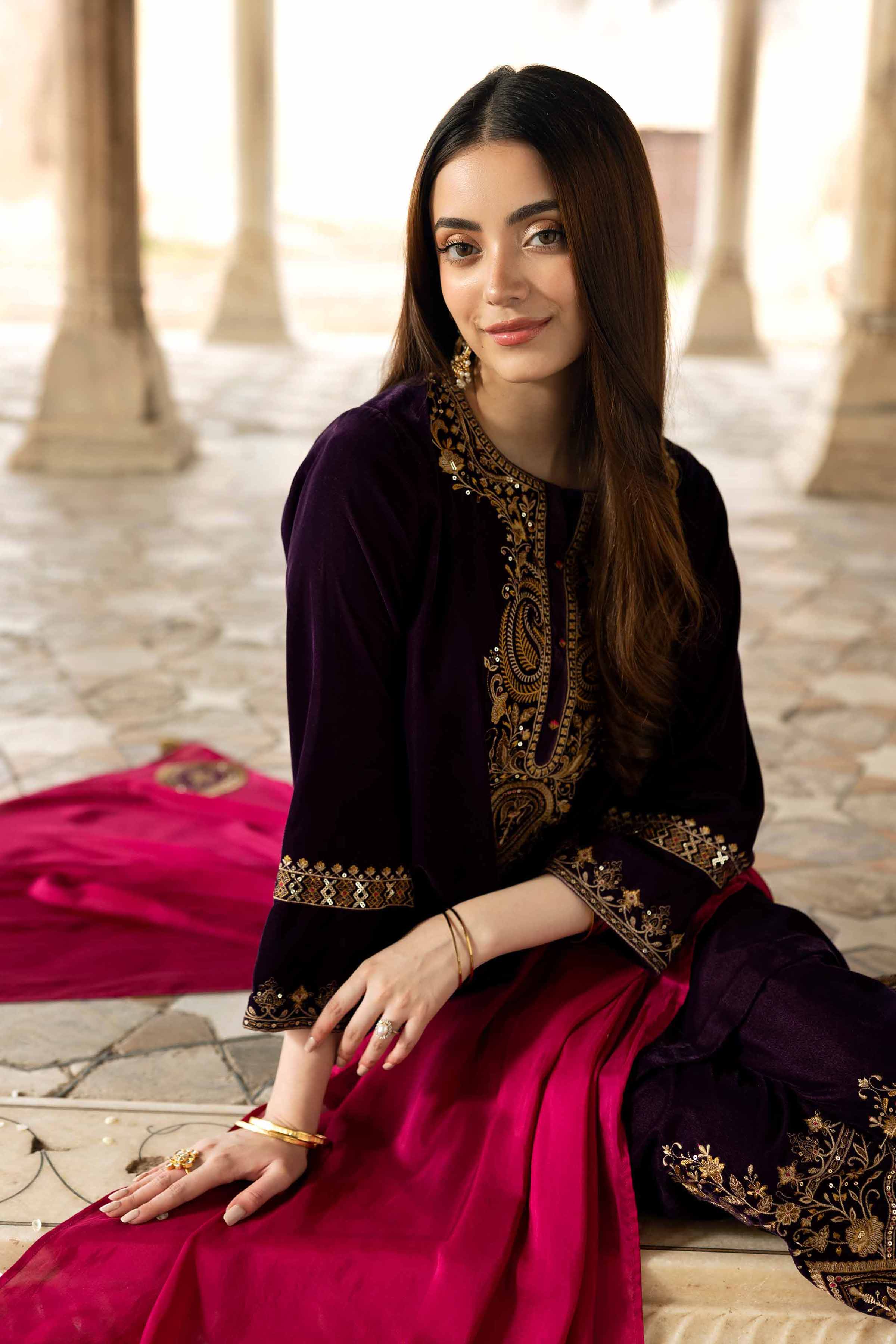 NISHATUAE - Purple Embroidered Velvet 3-piece Ready to wear Suit