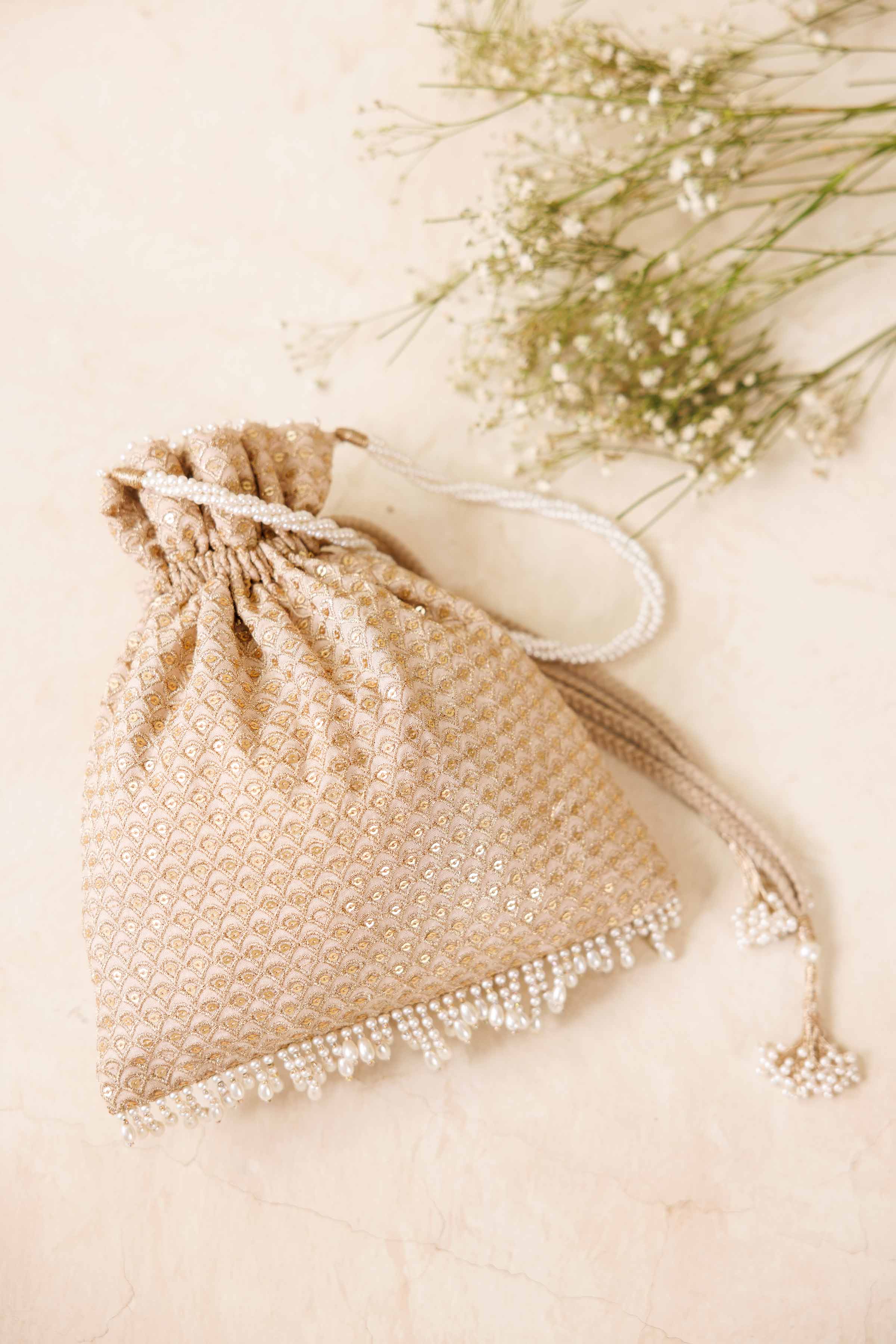 NISHATUAE - Beige Embroidered Silk Pouch