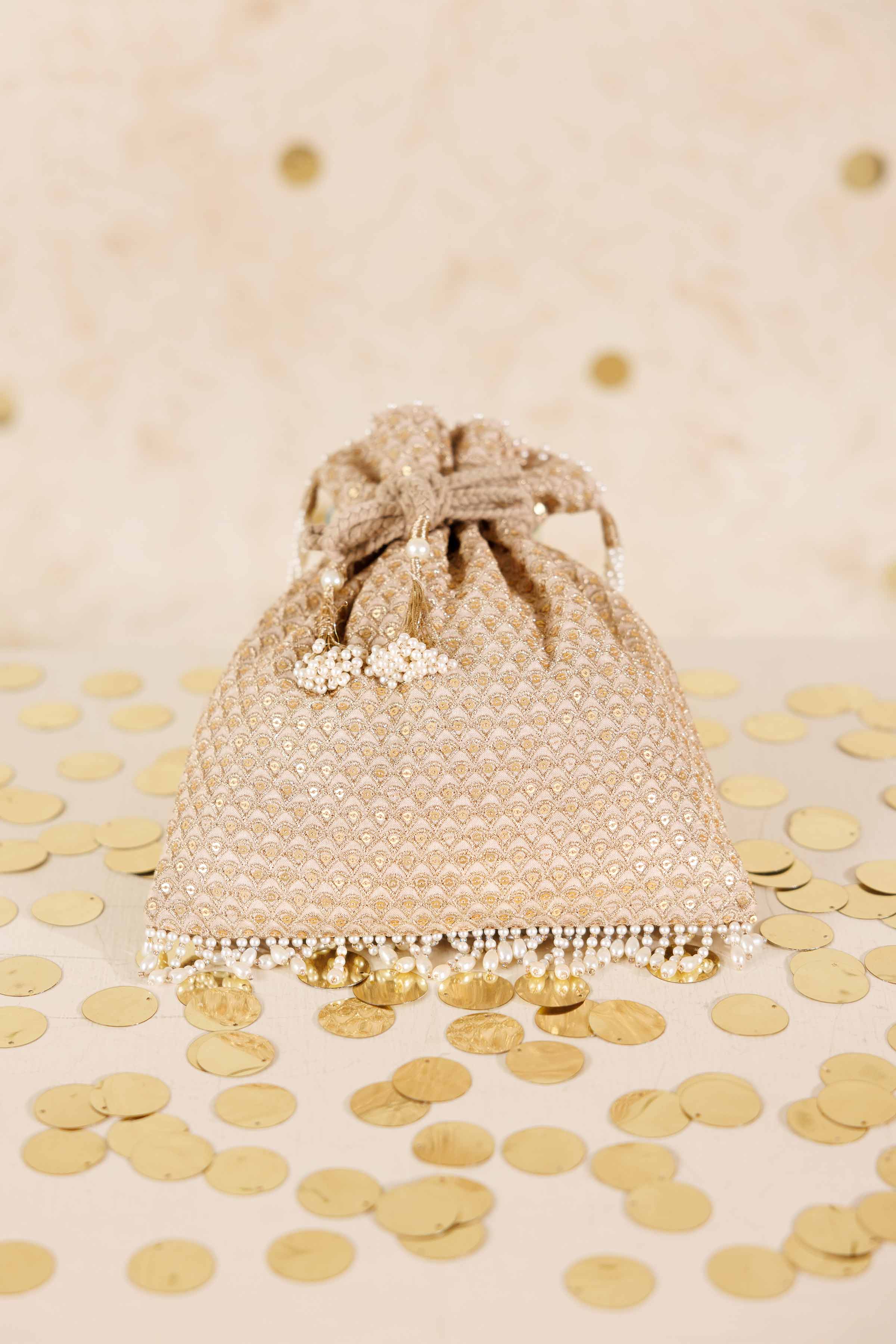 NISHATUAE - Beige Embroidered Silk Pouch