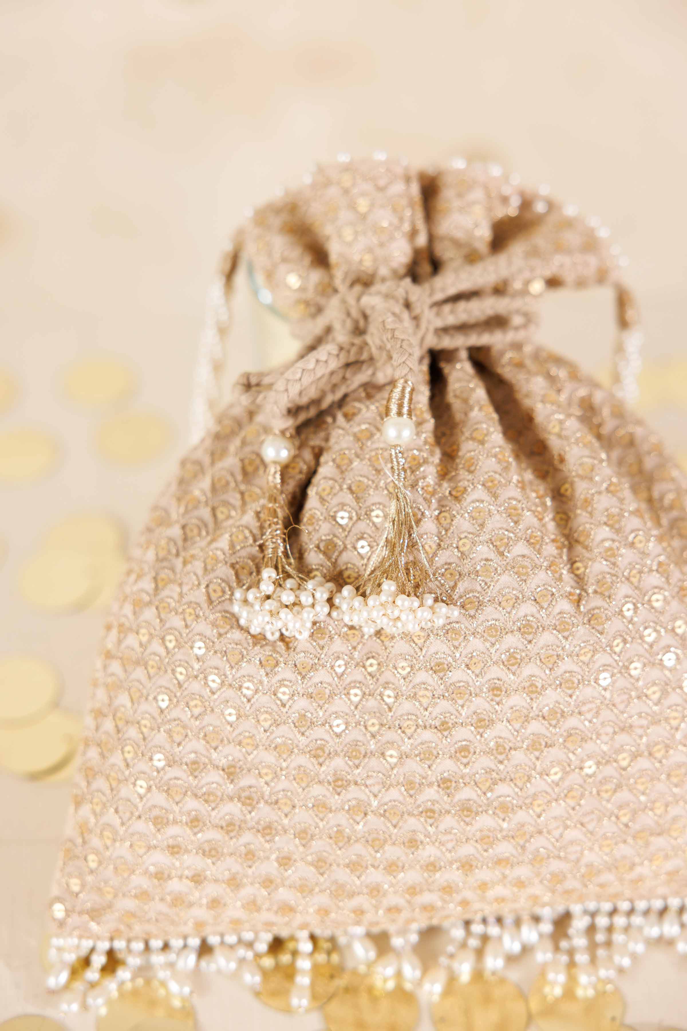 NISHATUAE - Beige Embroidered Silk Pouch